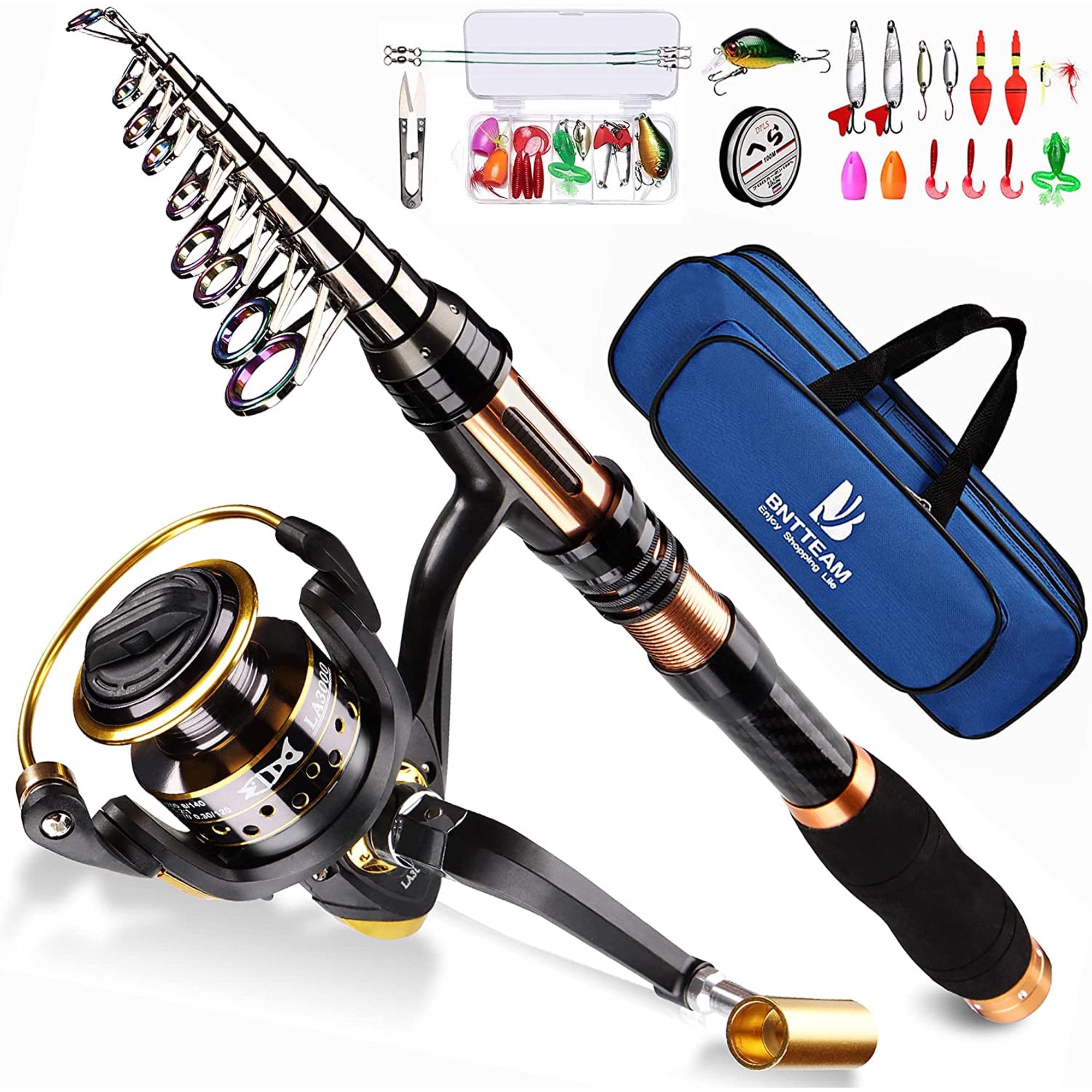 BNTTEAM Spinning Rod and Reel Combo 2.1m,2.4m,3.0m 3.6m Carbon Telescopic Fishing Rod 13BB Fishing Reel Bag Lures Line Hooks Set