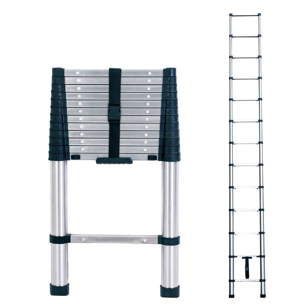 BOWEITI 12.5FT One-button Retraction Stainless Steel Telescoping Extension Ladder, Heavy Duty 330lbs Max Capacity, Multi-Purpose Collapsible Ladder for RV or Outdoor Work