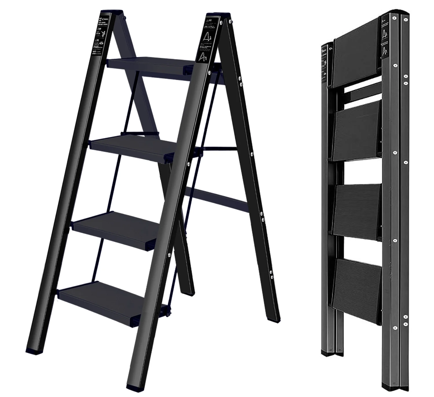 BOWEITI 4 Step Ladder, Steel Folding Step Stool with Wide Anti-Slip Pedal, Portable Lightweight Multi-Use Stepladder 330lbs (Black)