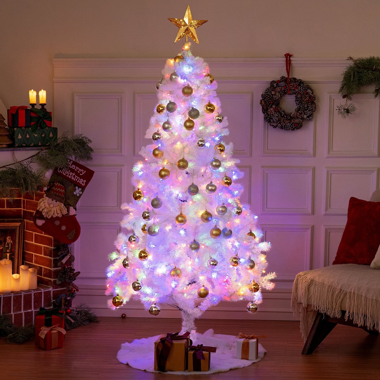 BSHAPPLUS® 6ft Pre-Lit White Christmas Tree with Remote Control,Artificial Hinged Christmas Tree with 500 LED Lights, 11 Light-Modes and 1200 Branch Tips for Home, Party Decoration