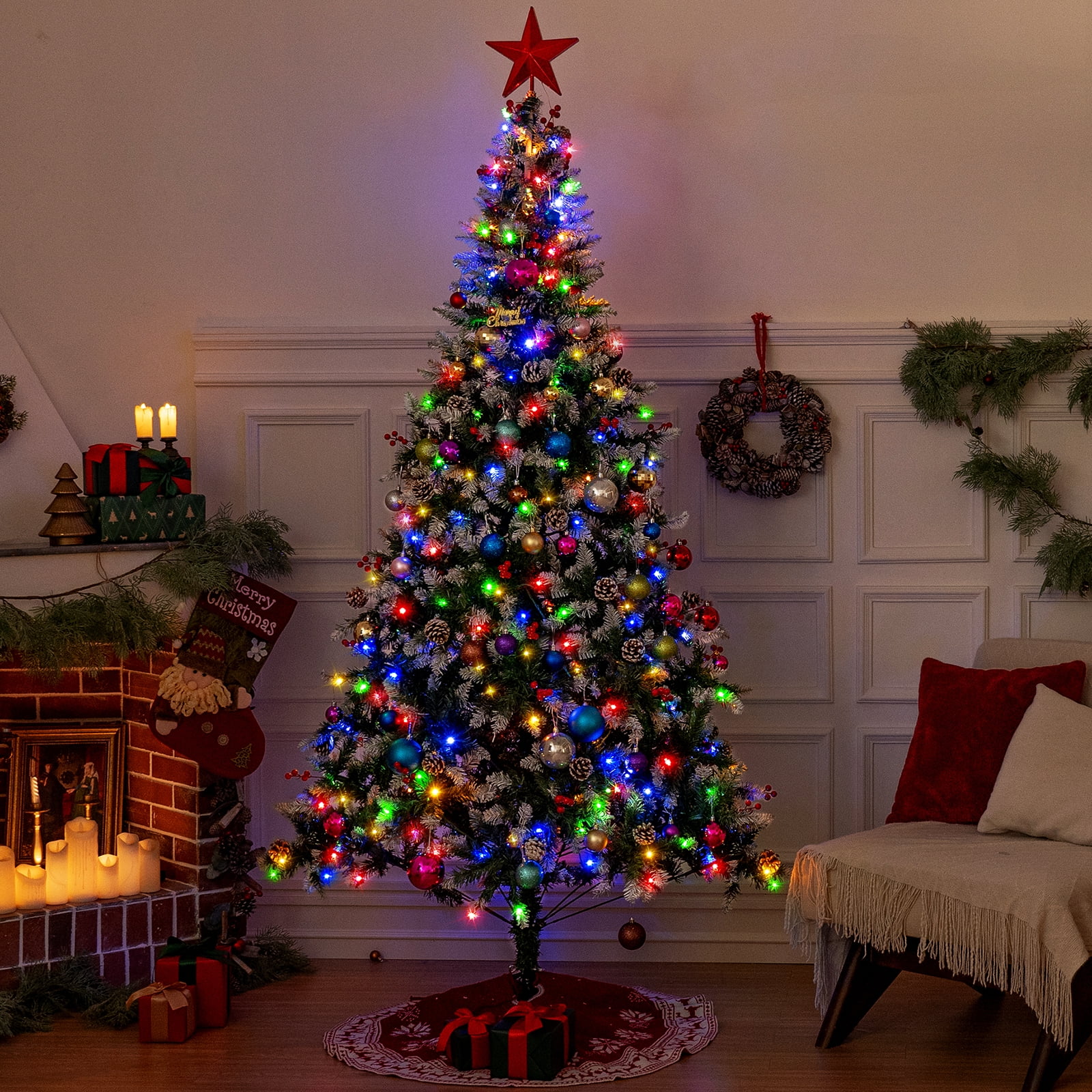 BSHAPPLUS® 7.5ft Pre-Lit Artificial Christmas Trees,Pre-Decorated Green Xmas Tree with 1700 Branch Tips,650 LED Lights,50 Pinecones and Berries for Home, Office and Party Decor