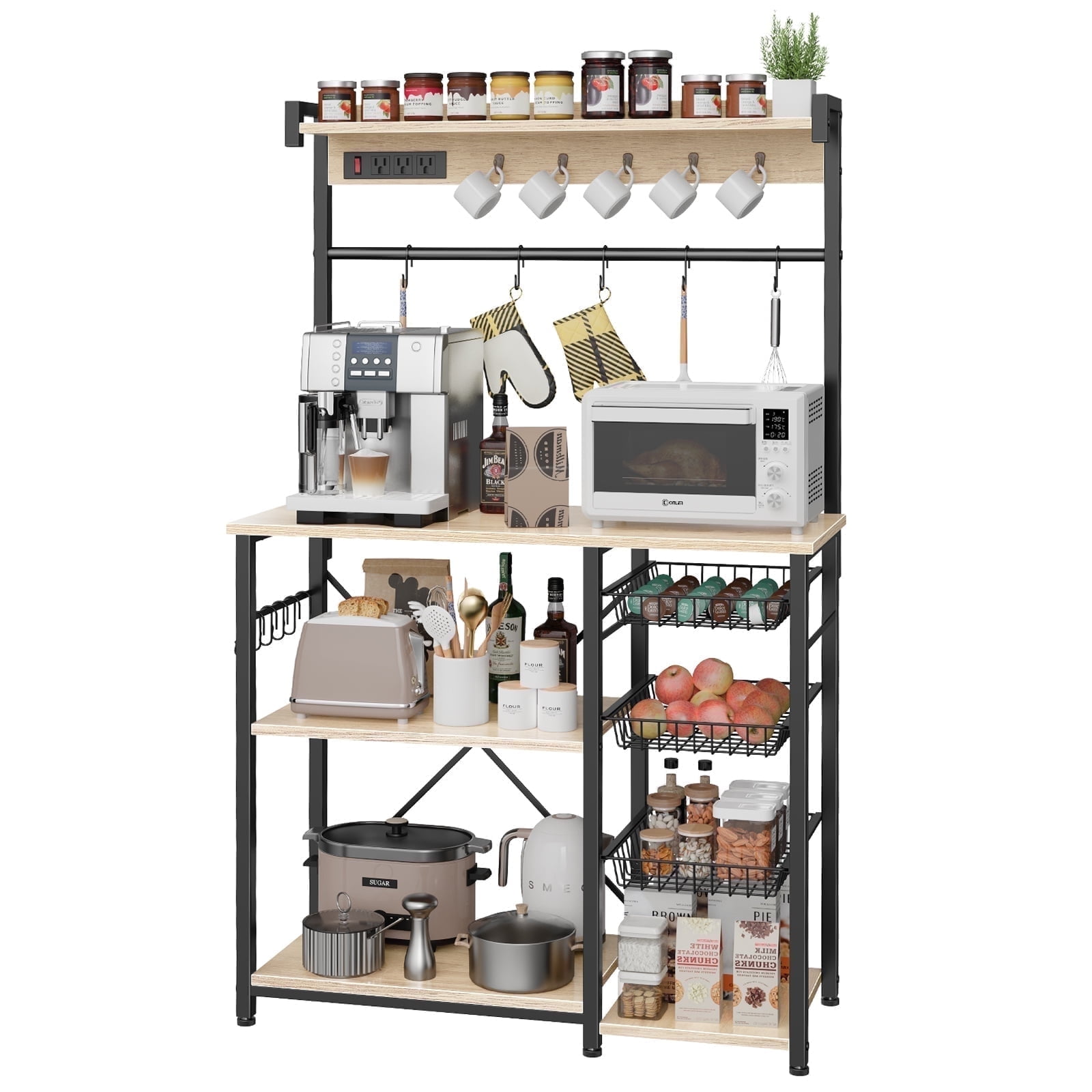 Biemlerfn 39" Wide Large Bakers Rack with Power Outlets, 5 Tiers Coffee Bar Table with 3 Wire Basket, 15 Hooks, Microwave Stand Kitchen Storage Shelf, White Oak