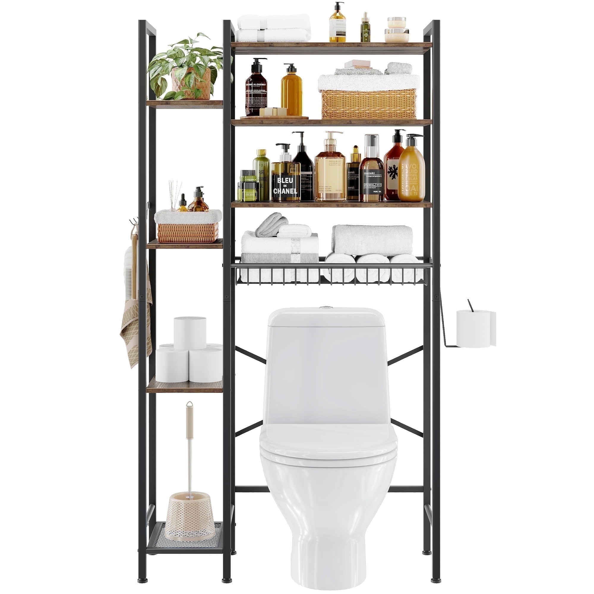 Biemlerfn Over The Toilet Storage Shelf, 8-Tier Wooden Bathroom Organizer Shelf Adjustable Saver Space Rack with Toilet Paper Holder, Brown