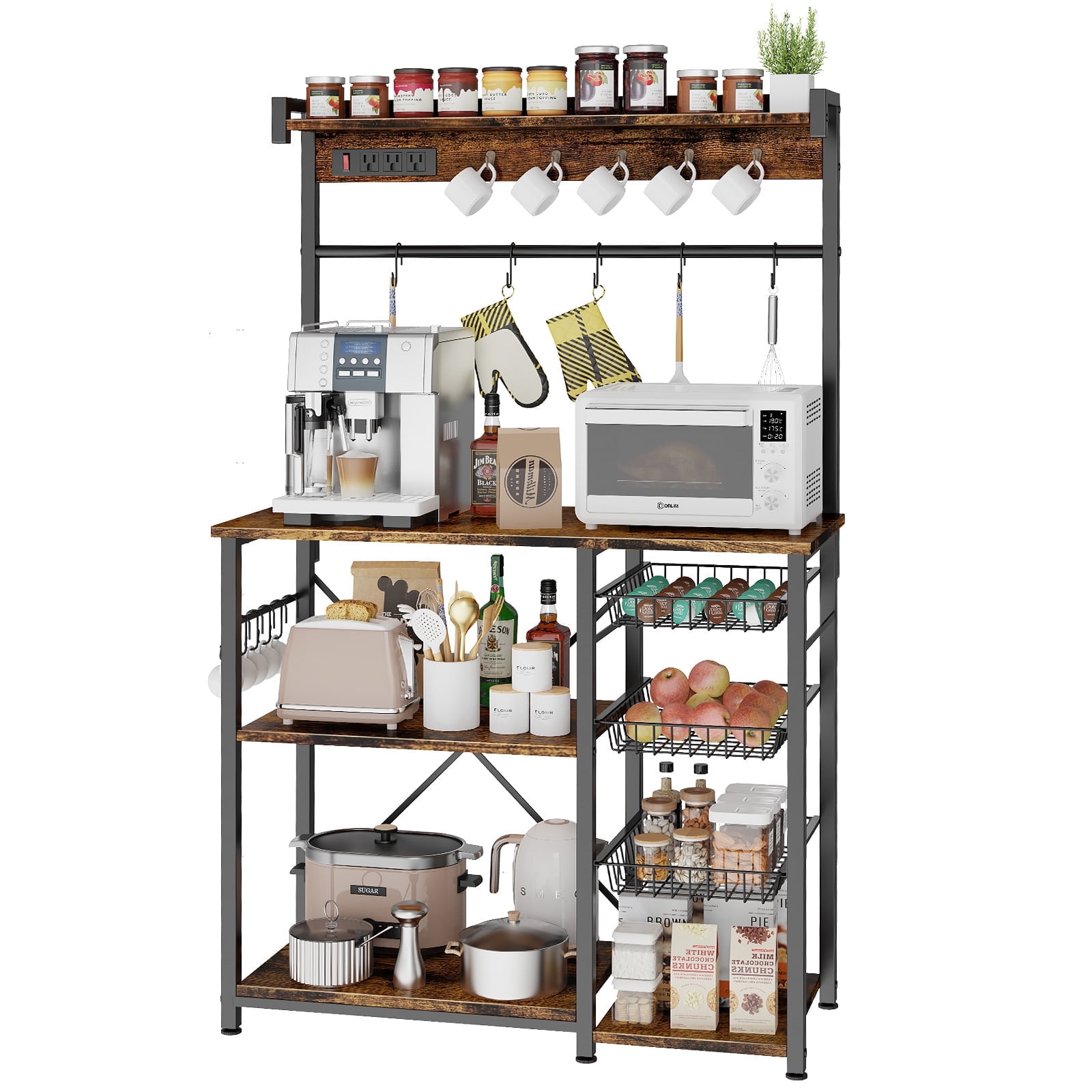 Biemlerfn 39" Wide Large Bakers Rack with Power Outlets, 5 Tiers Coffee Bar Table with 3 Wire Basket, 15 Hooks, Microwave Stand Kitchen Storage Shelf, Rustic Brown