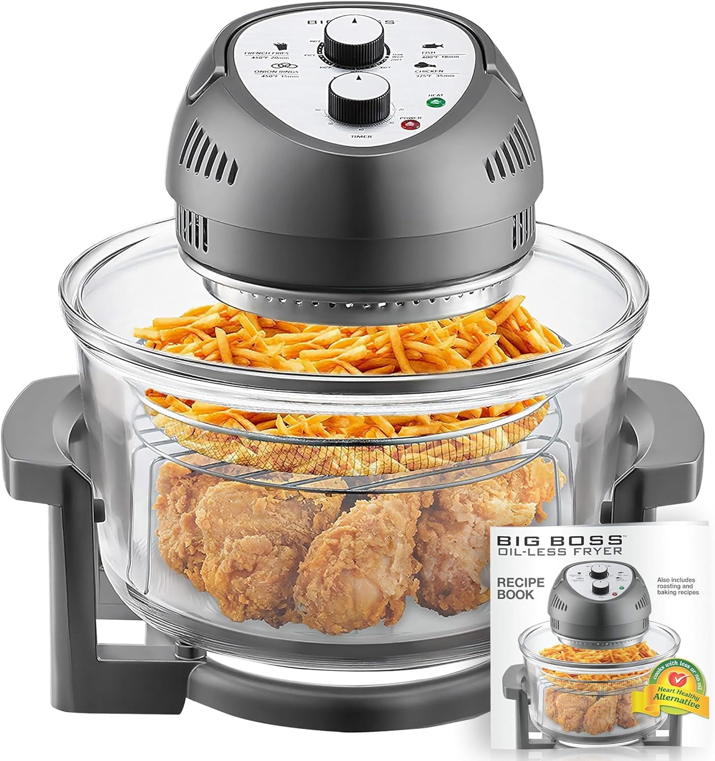 Big Boss Air Fryer Toaster Oven Combo 16Qt Kitchen Countertop Convection Rotisserie 1300W Large Glass Bowl Gray