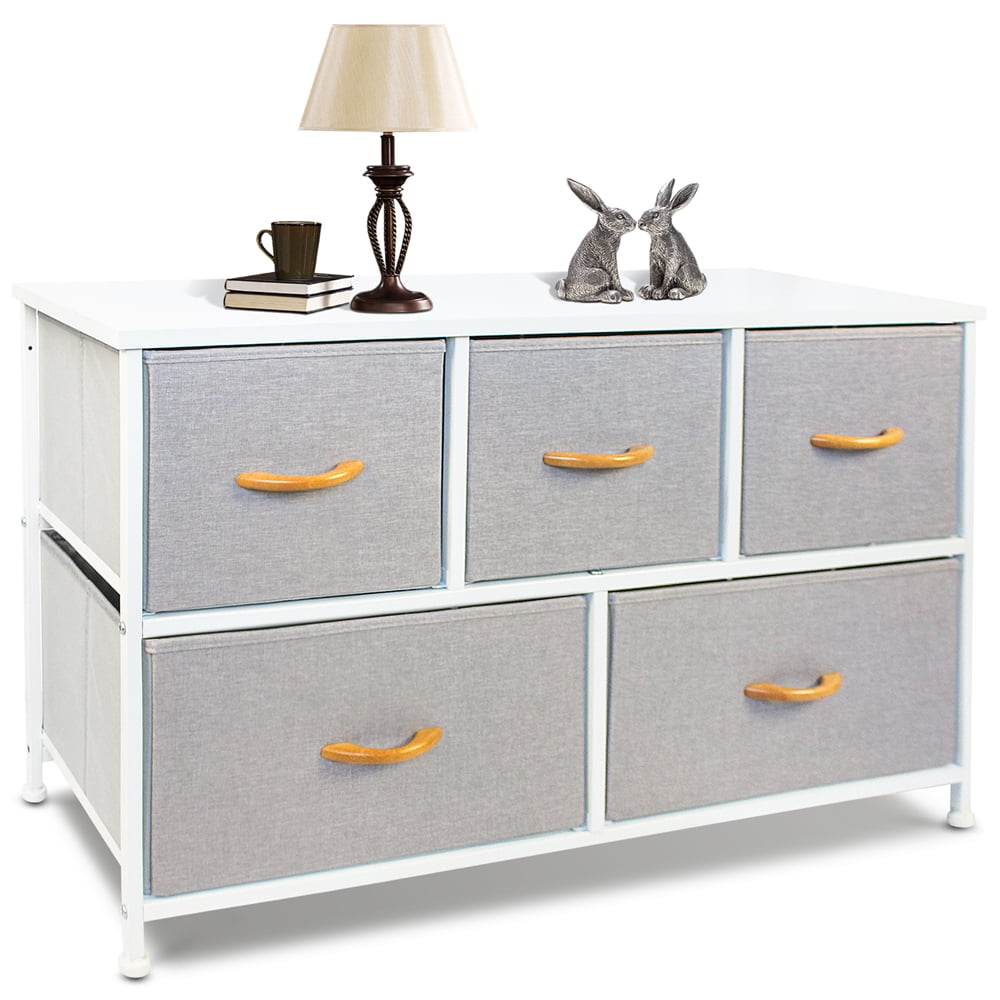 Bigroof Gray 5 Drawer Dresser for Bedroom, Fabic Dresser Organizer with Wooden Handle