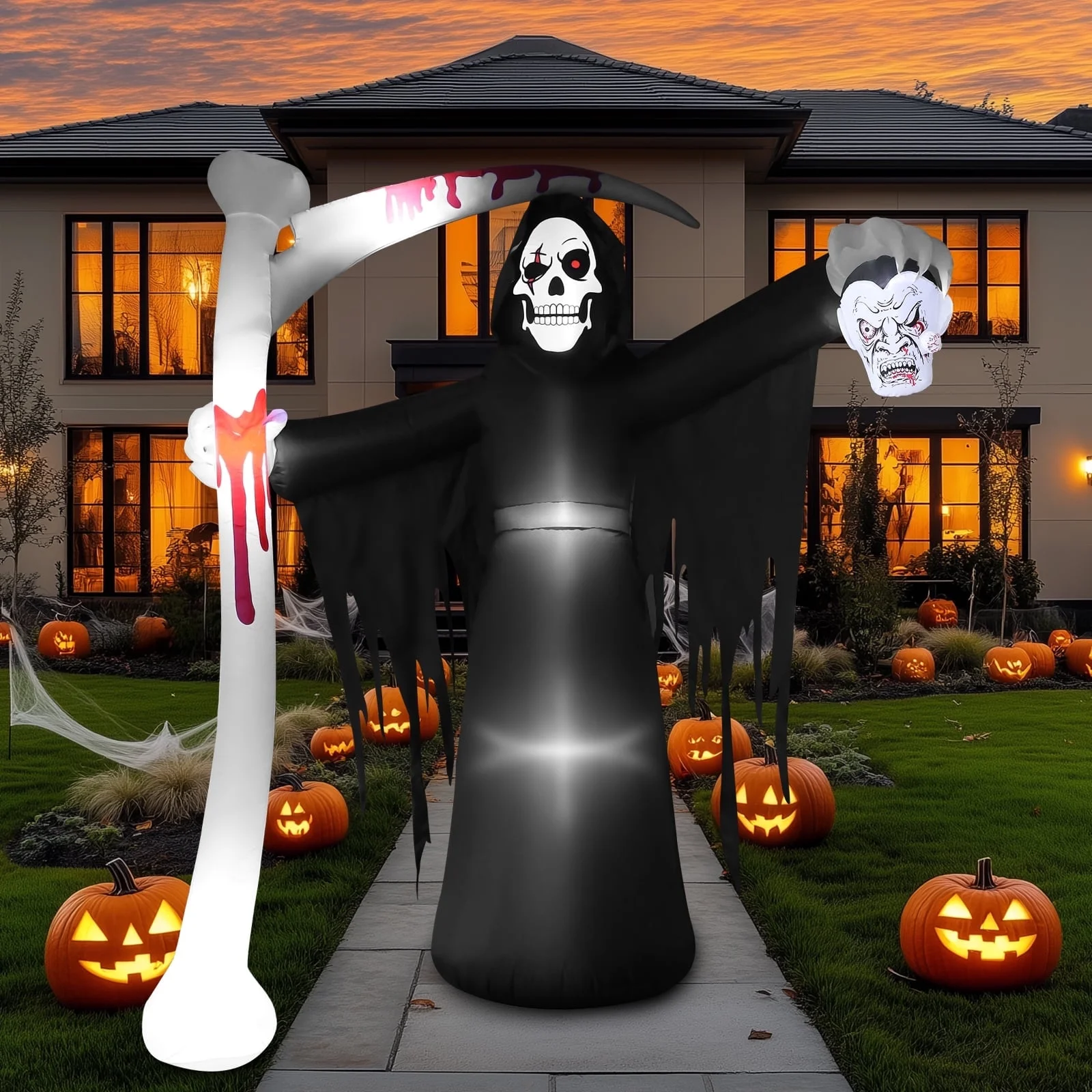 Bilivry 9ft Tall Giant Scary Halloween Inflatable Grim Reaper with Scythe, Blow up Reaper with Build-in LEDs for Halloween Outdoor Decorations, Yard Lawn Garden Holiday Party Decoration