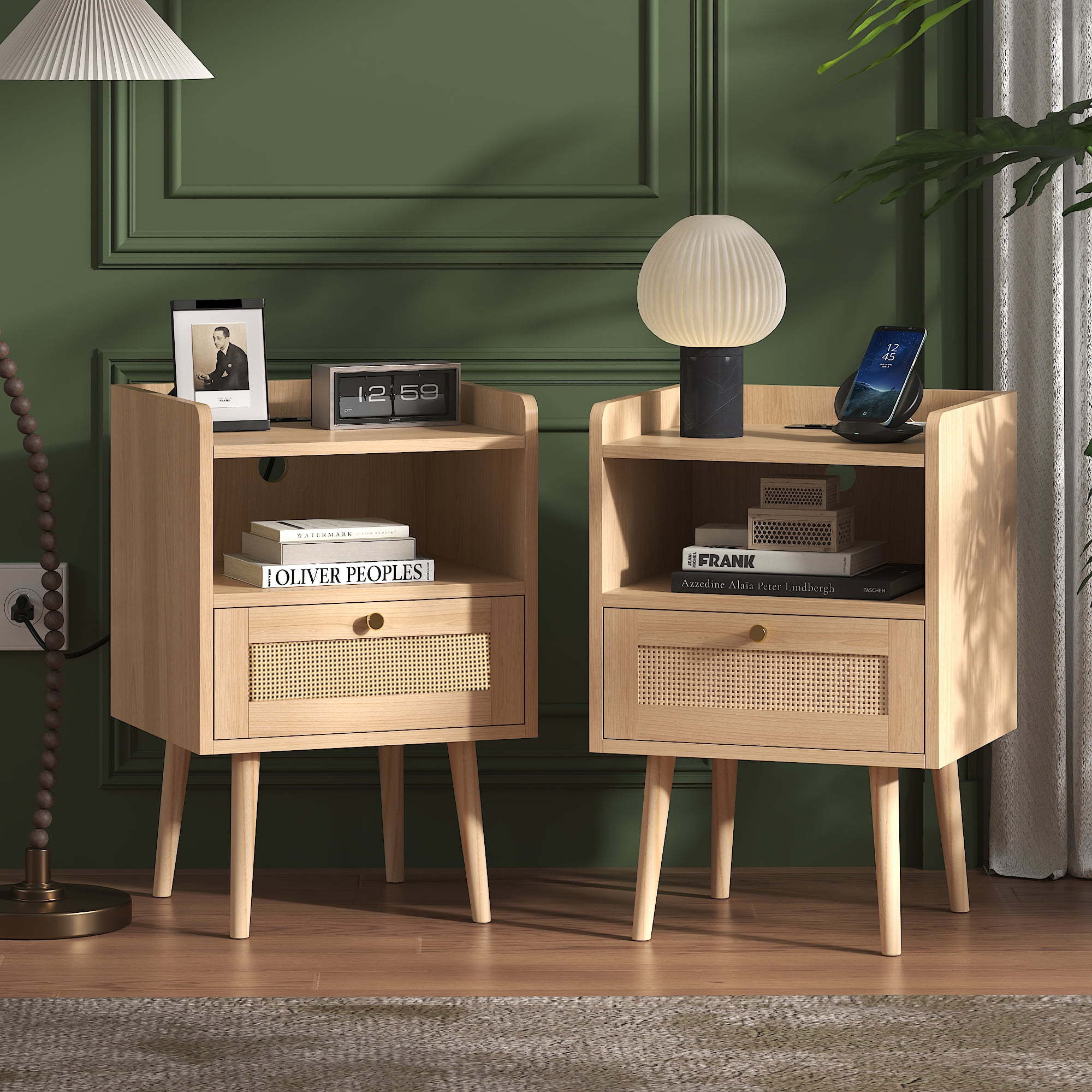 Biuhony Rattan Nightstand with Solid Wood Legs,Bedside Tables Rattan Drawers with Charging Station for Bedroom and Living Room, Set of 2