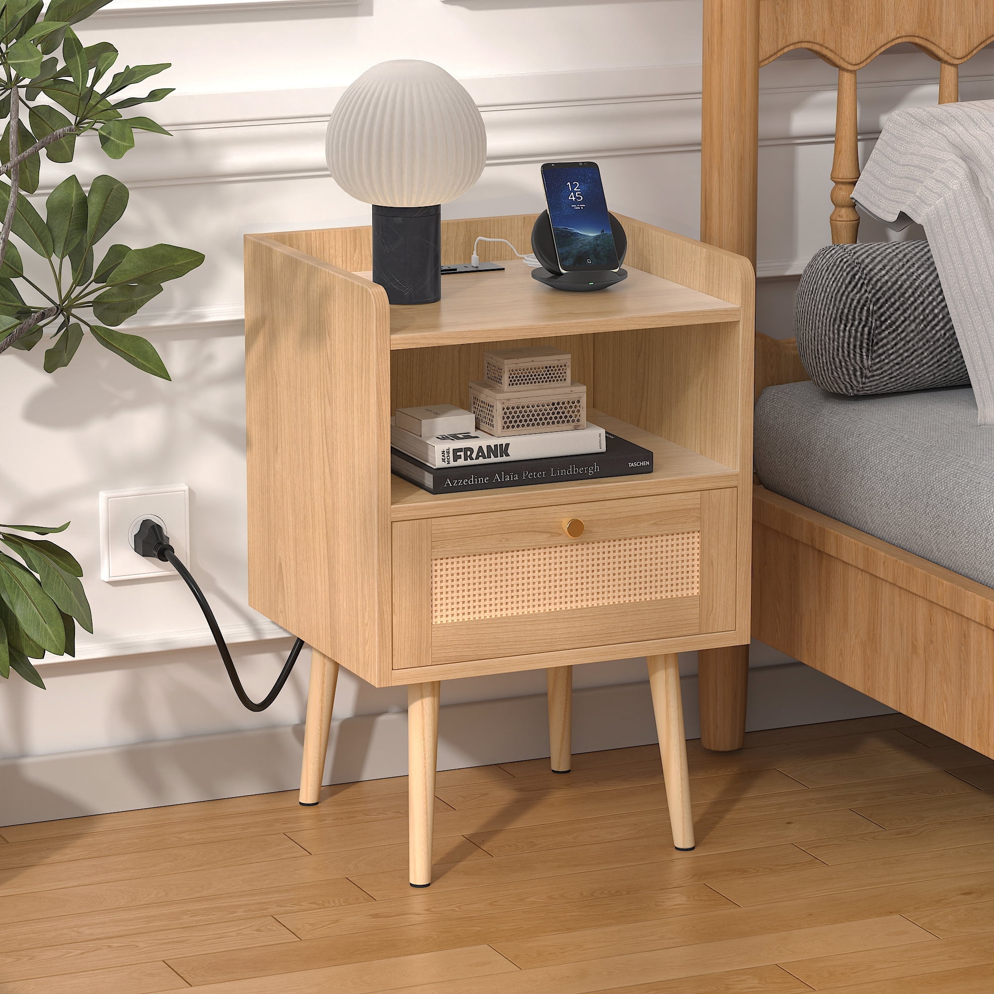 Biuhony Rattan Nightstand with Solid Wood Legs,Bedside Tables Rattan Drawers with Charging Station for Bedroom and Living Room