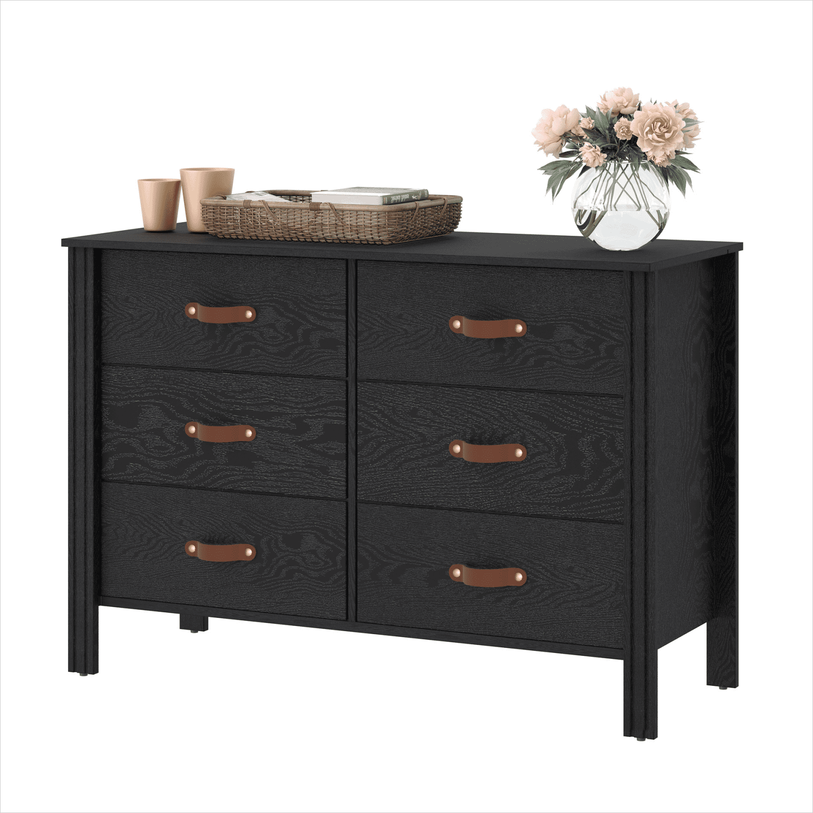 Black Dresser for Bedroom, Wood Kids Dresser with 6 Drawers, Farmhouse Chest of Drawers for Living Room, Hallway