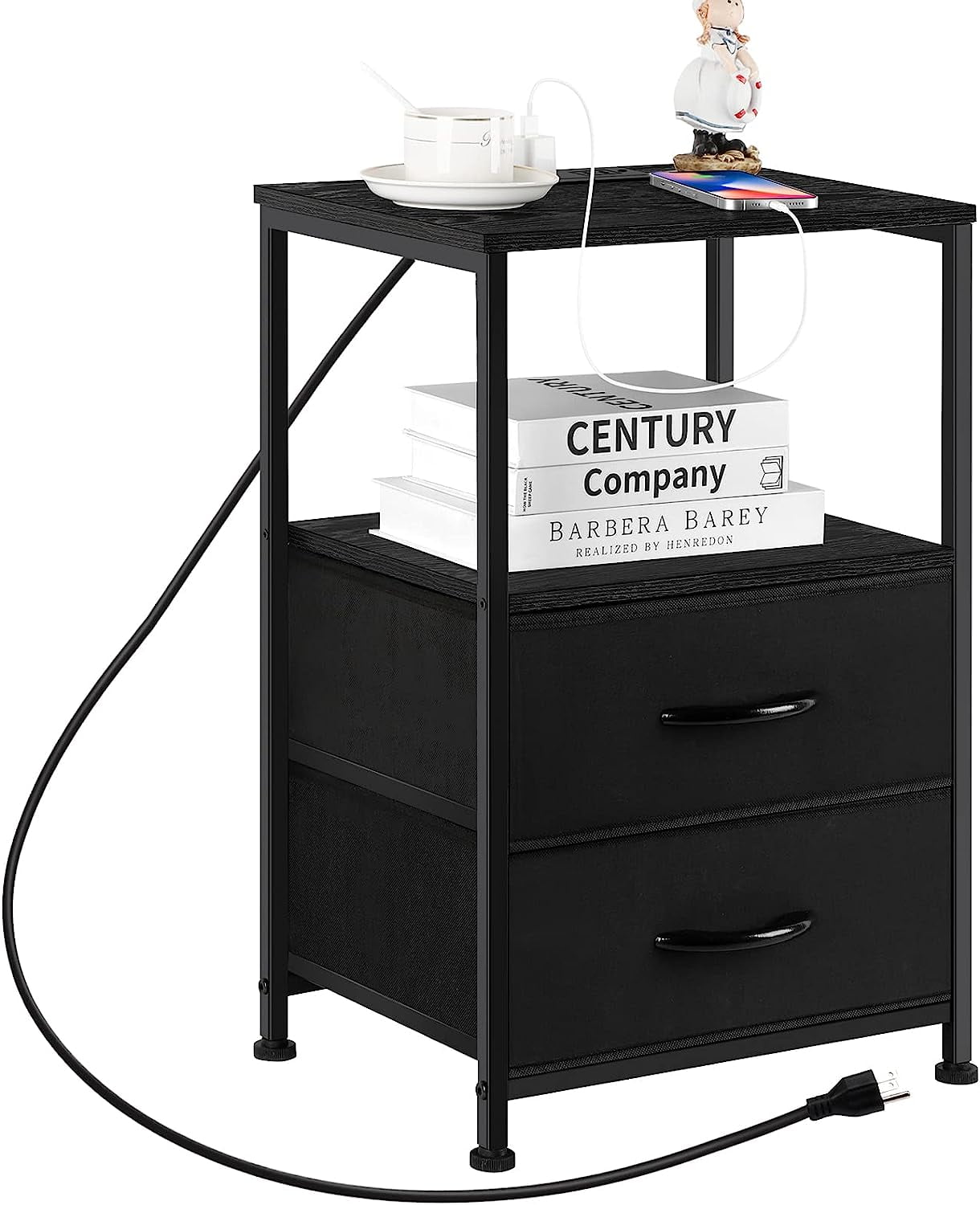 Black Nightstand with 2 Fabric Drawers End Table with Charging Station