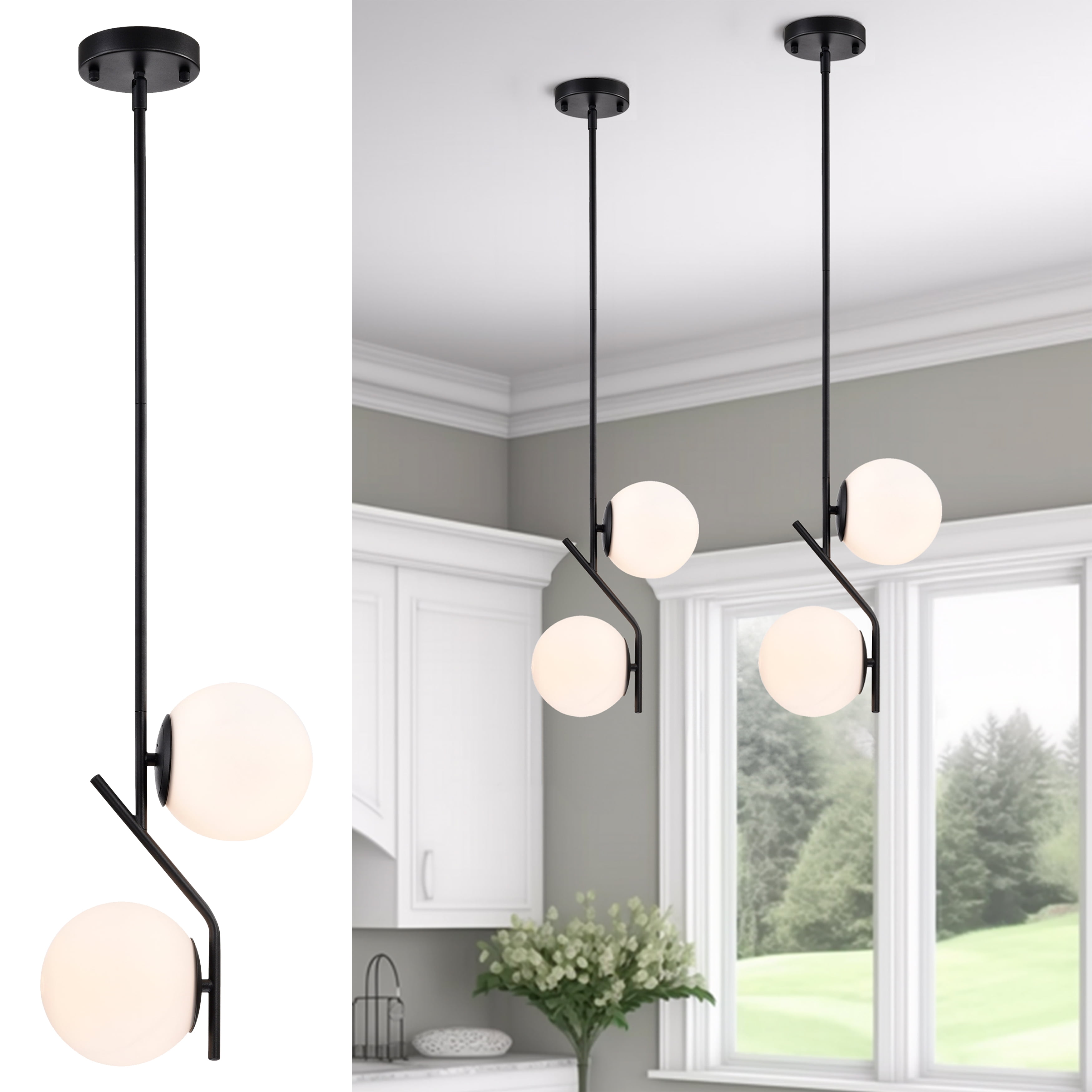 Black Pendant Light Fixture 2-Light Mid Century Modern Black Chandelier Globe Pendant Light Fixtures Glass Pendant Lighting for Kitchen