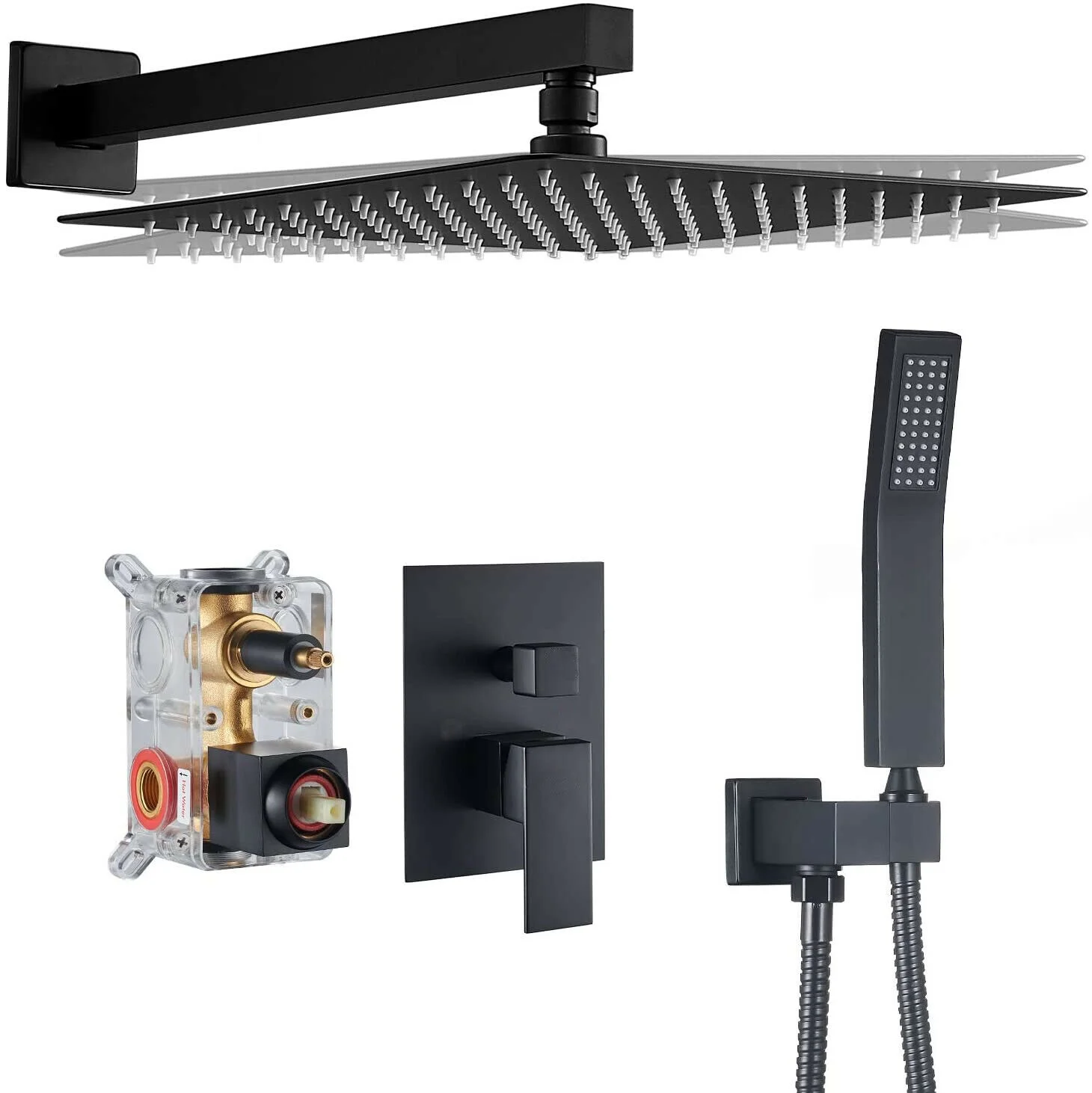 Black Shower Faucet Set Rainfall Shower Head Combo w/ Mixer Valve Kit Wall Mount