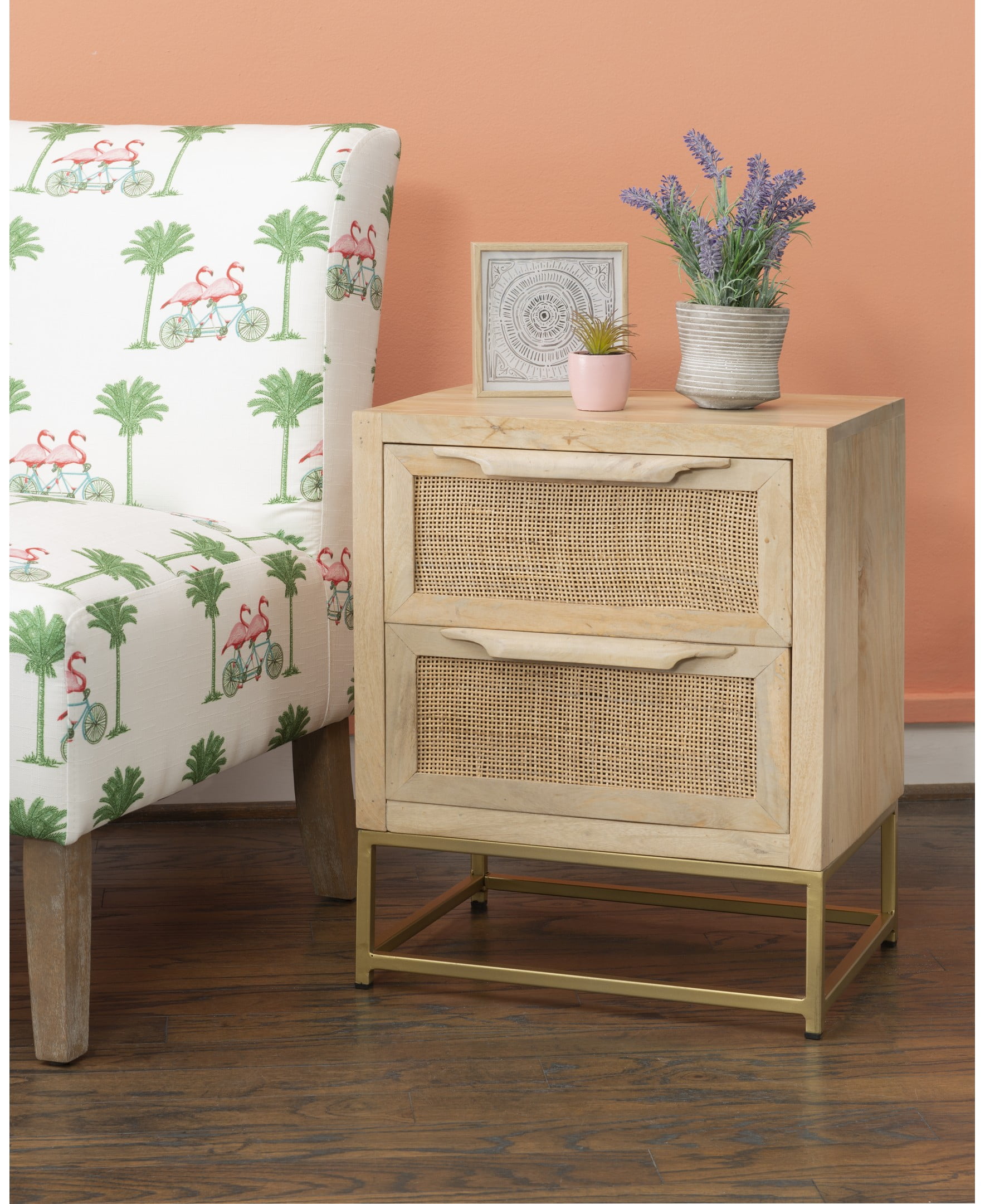 Blair 2-Drawer Rattan End Table, Natural and Gold