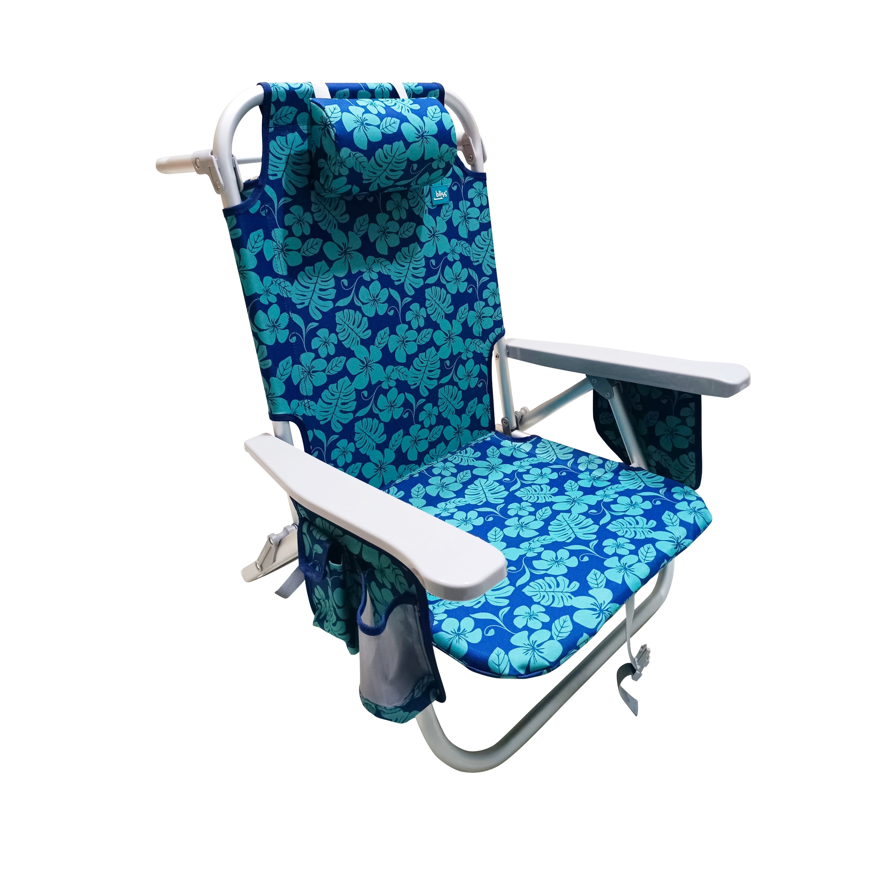 Bliss Hammocks Aluminum Beach Chair W/ Detachable Cooler Bag, 5 Reclining Positions, 275 Lb. Capacity (Blue Flowers)
