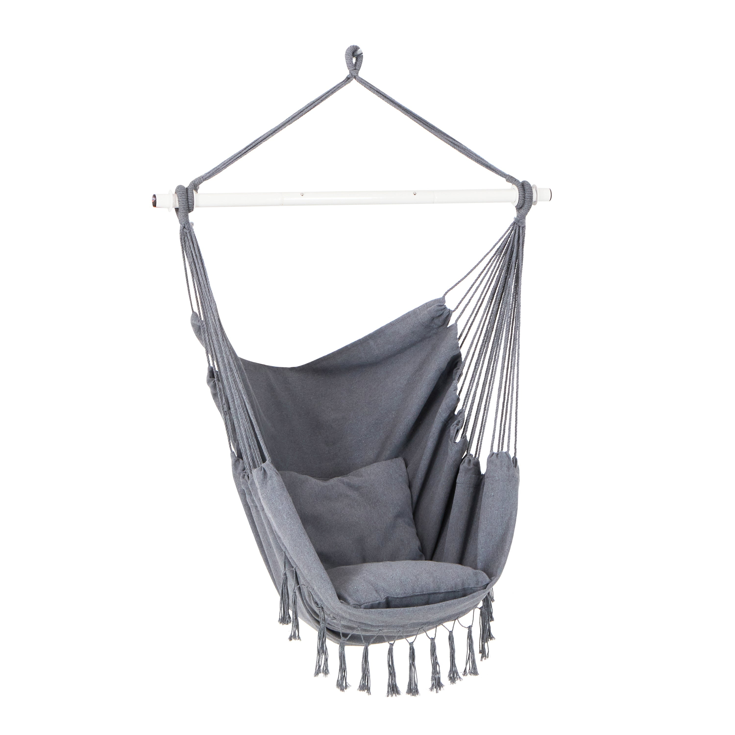 Bliss Hammocks Fringed Hammock Chair w/ 2 Matching Square Pillows & Built-In Side Pocket -Gray