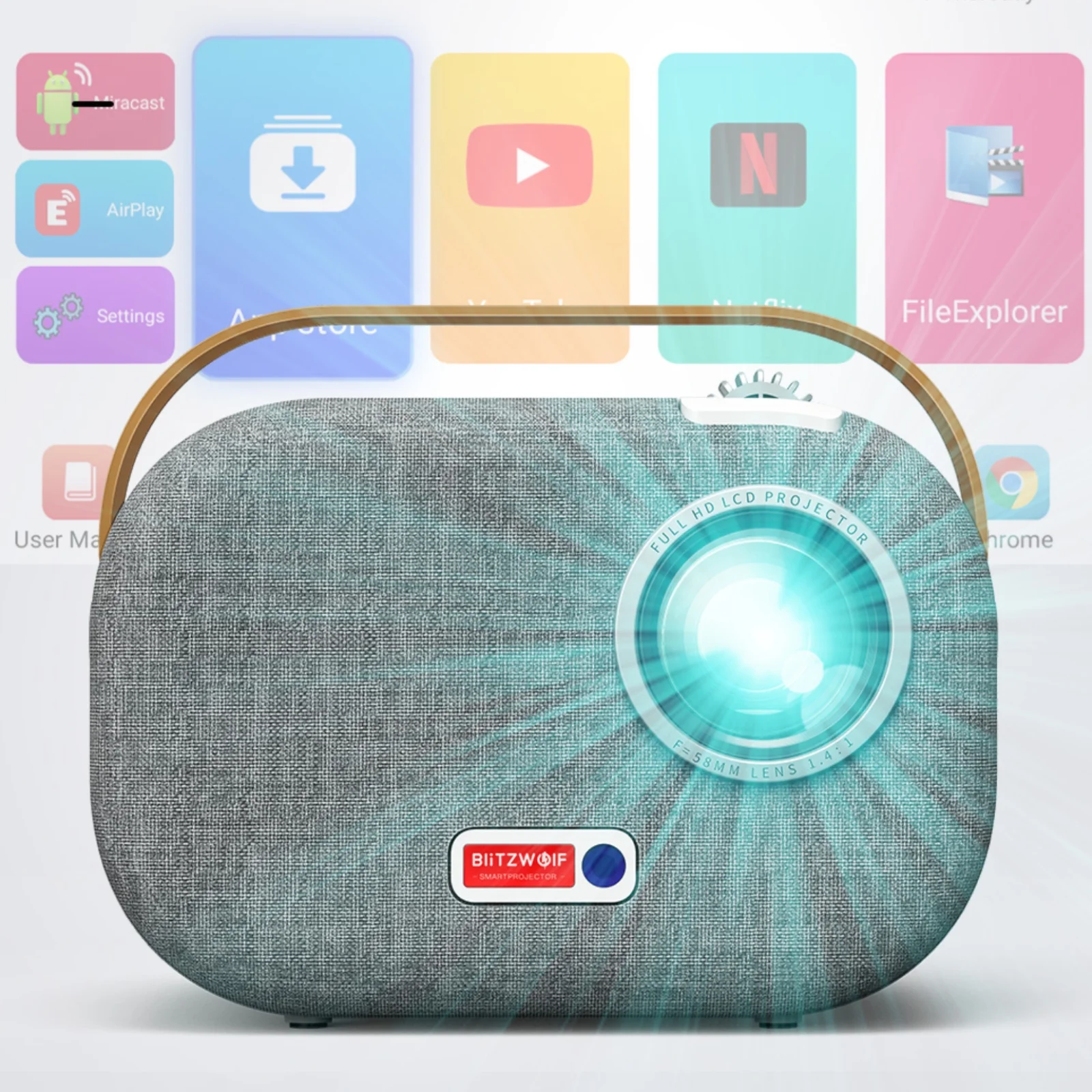 BlitzWolf Smart Portable Projector, Built-in Android 9.0 Google Assistant, 1080P, Mini Home Theater Outdoor Movie Projector with WiFi and Bluetooth