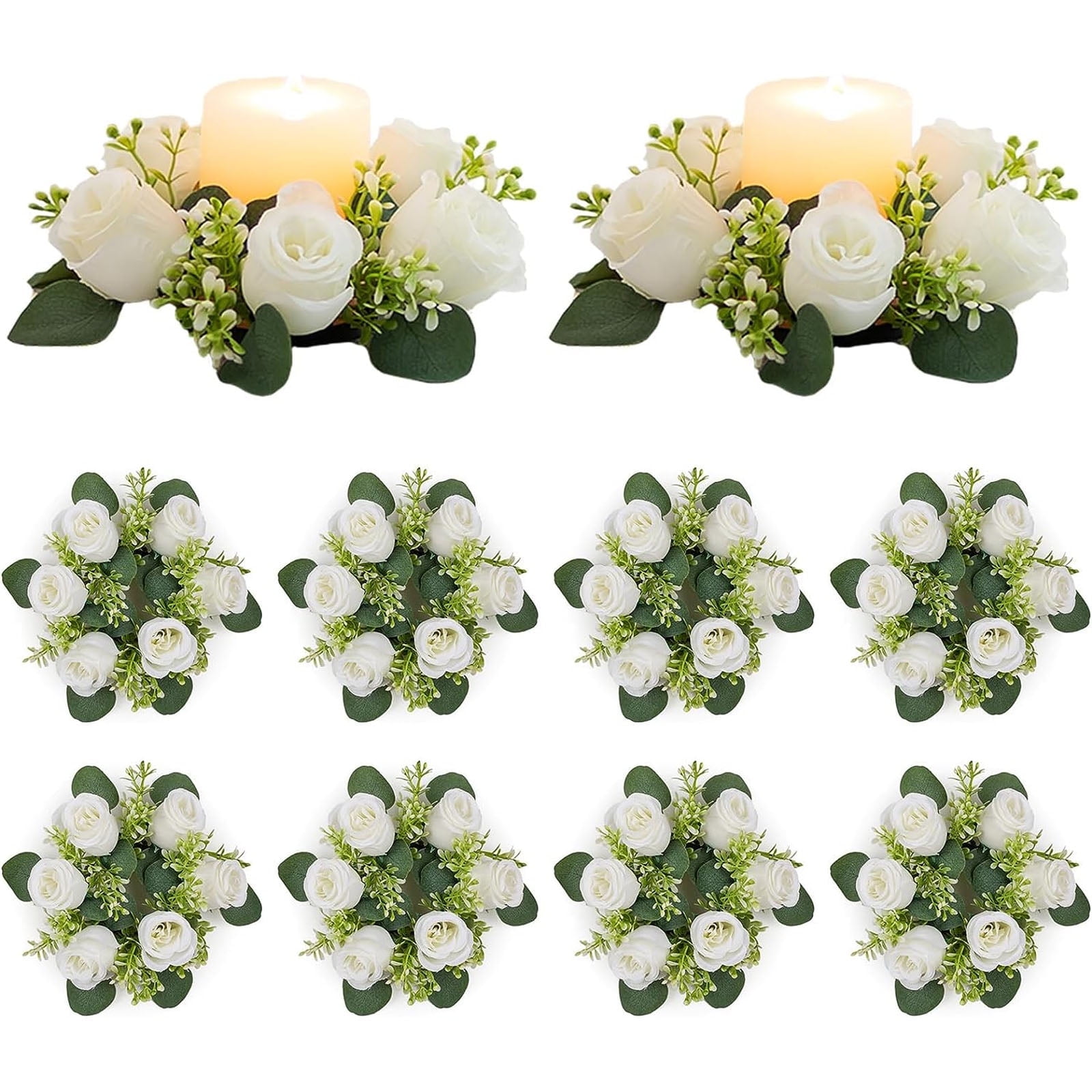 Blosmon Small Candle Rings Wreaths 10 Pcs 8.66" White Artificial Flowers Wedding Centerpiece for Table Spring Summer Fake Rose Wreath for Front Door