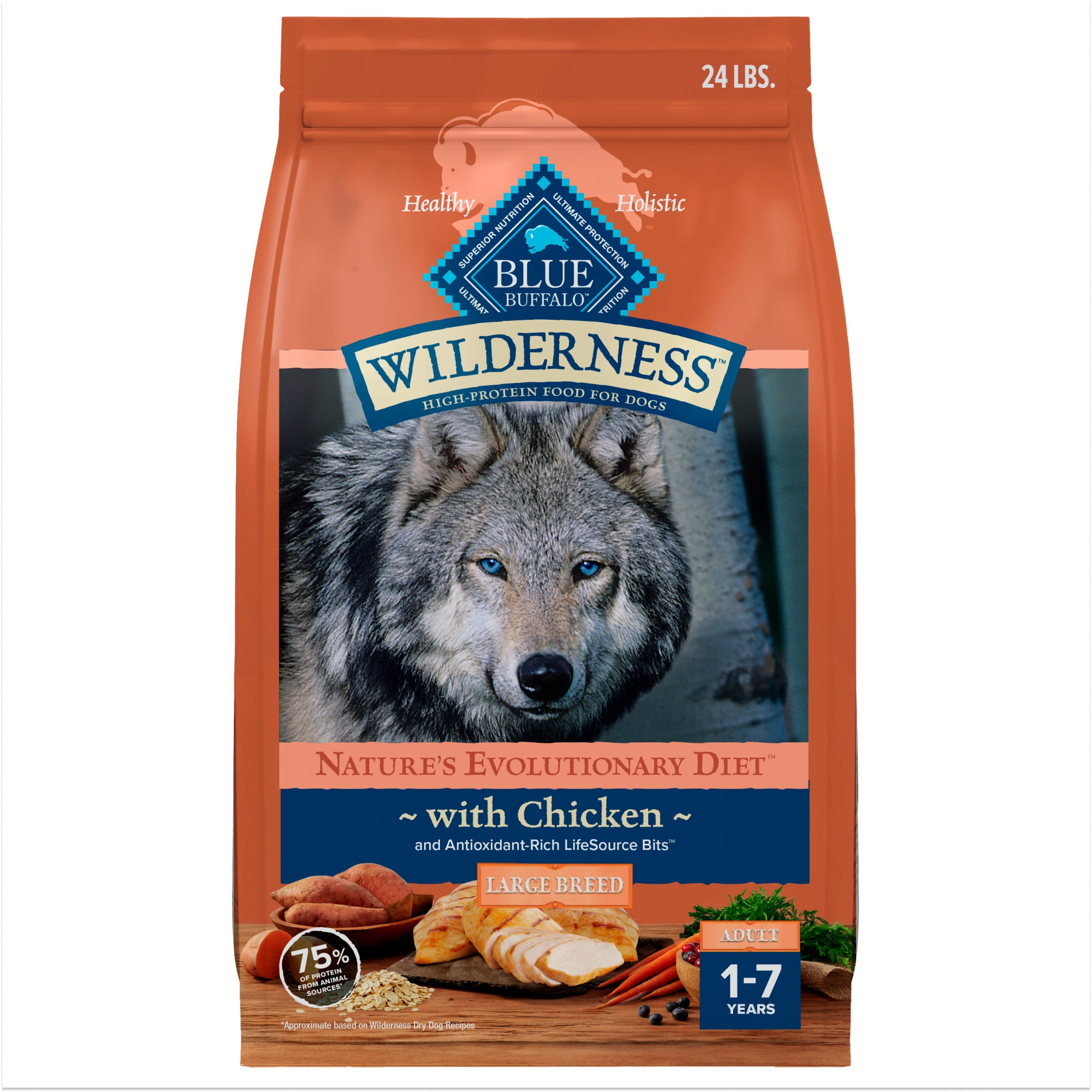 Blue Buffalo Wilderness Large Breed Dry Dog Food Plus Wholesome Grains, Chicken, 24 lbs.