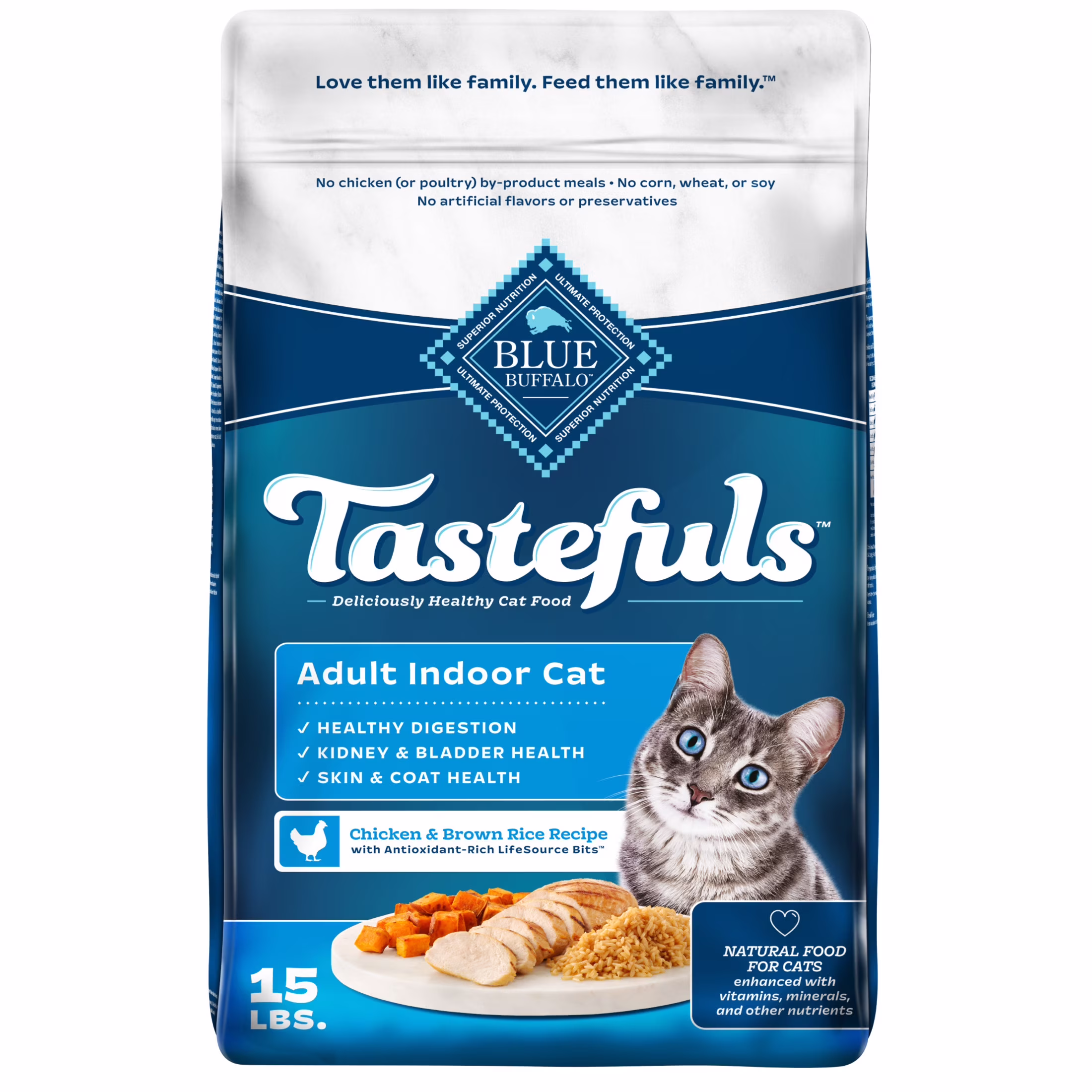 Blue Buffalo Tastefuls Dry Food, Adult Indoor Cat, Chicken and Brown Rice, 15-lb Bag