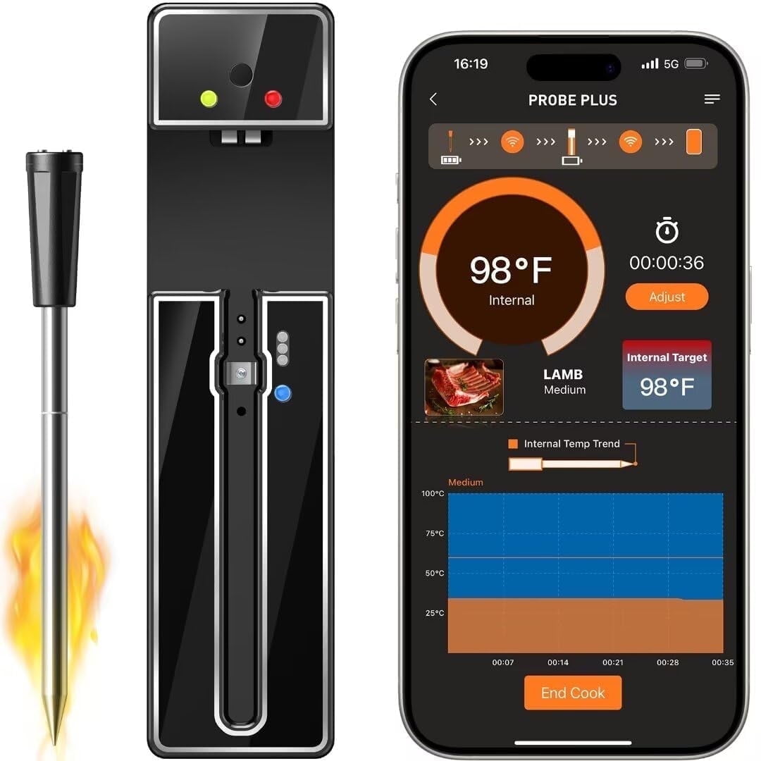 Smart Wireless Meat Thermometer,with Thin Probe,App Remote Check & Real-Time Temp, for BBQ, Grill, Smoker,Air Fryer,Deep Fryer