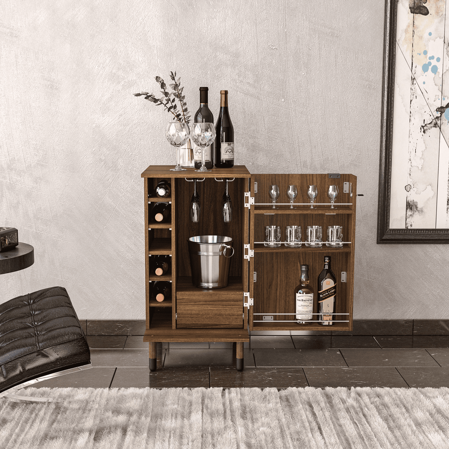Boahaus Wrexham Modern Bar Cabinet, 1 Door, 6 Wine Racks, 1 Drawer, Brown