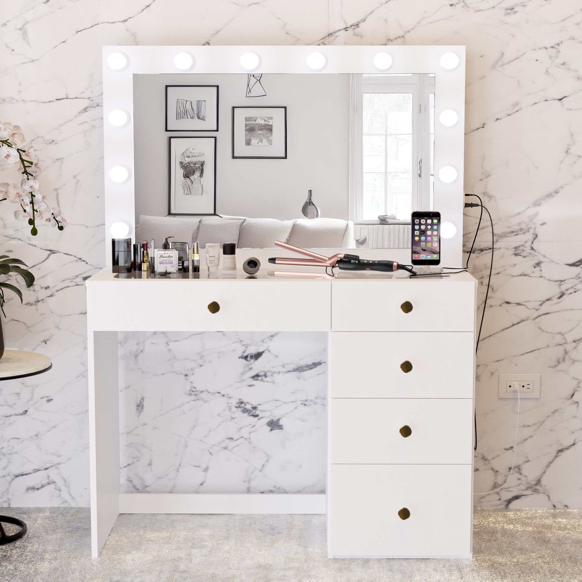 Boahaus Alana Makeup Vanity Desk with Mirror and Lights, Golden Knobs, 5 Drawers, White