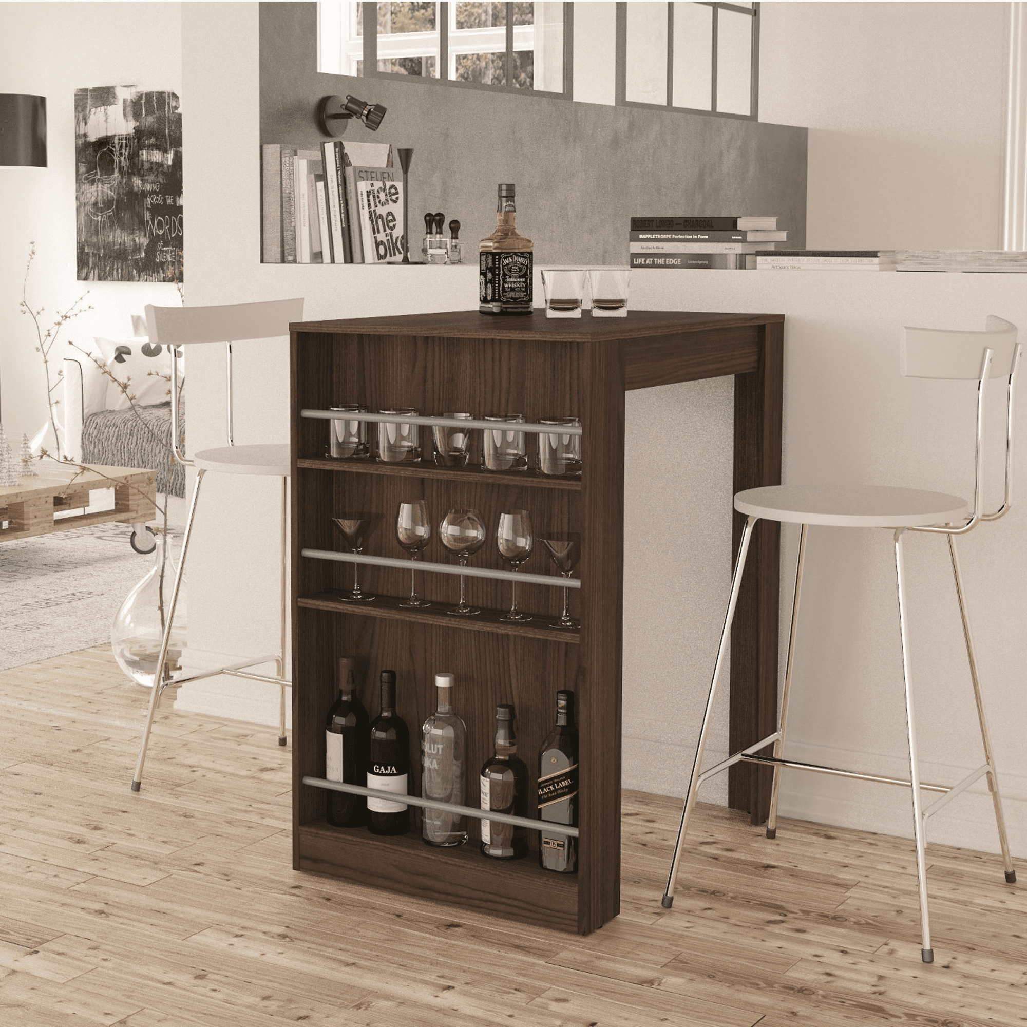 Boahaus Cambridge Modern Bar Table, Brown Finish, Wine Storage