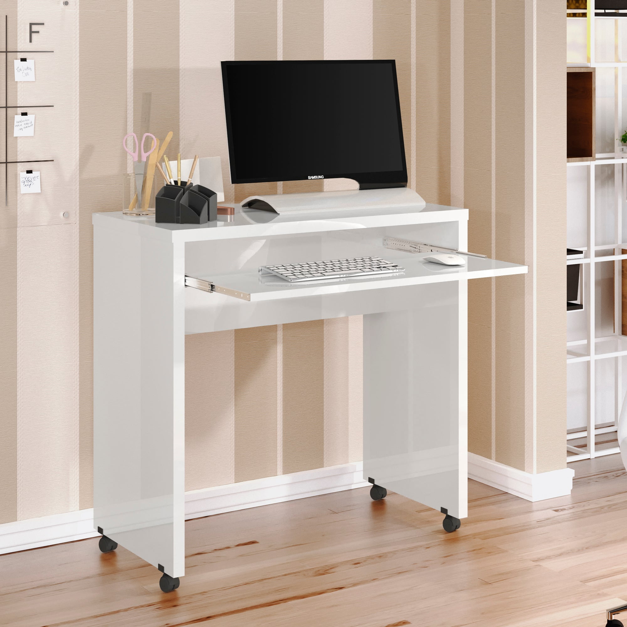 Boahaus Kyoto Mobile Computer Desk with Keyboard Tray and Wheels, White, for Adults