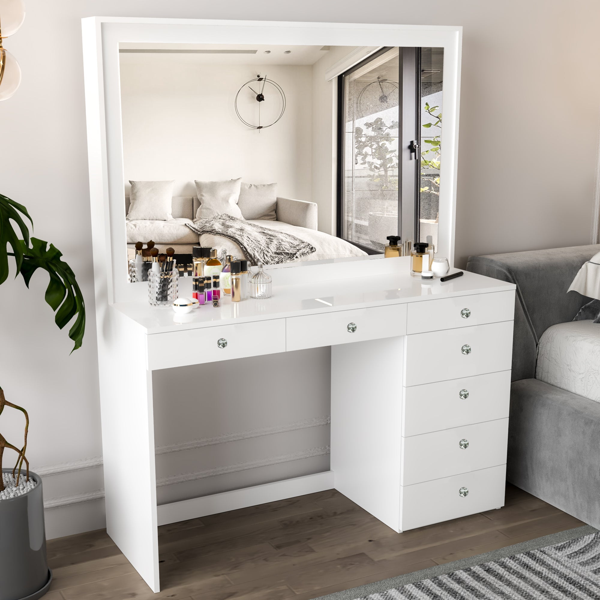 Boahaus Modern White Painted Makeup Vanity Table with Crystal Knobs for Bedroom