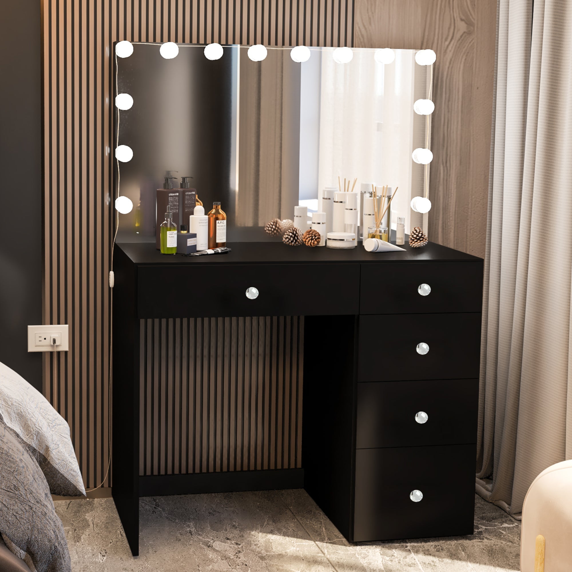 Boahaus Saranya Modern Makeup Vanity Desk with Mirror, Light Bulbs Add-On, Crystal Ball Knobs, Black