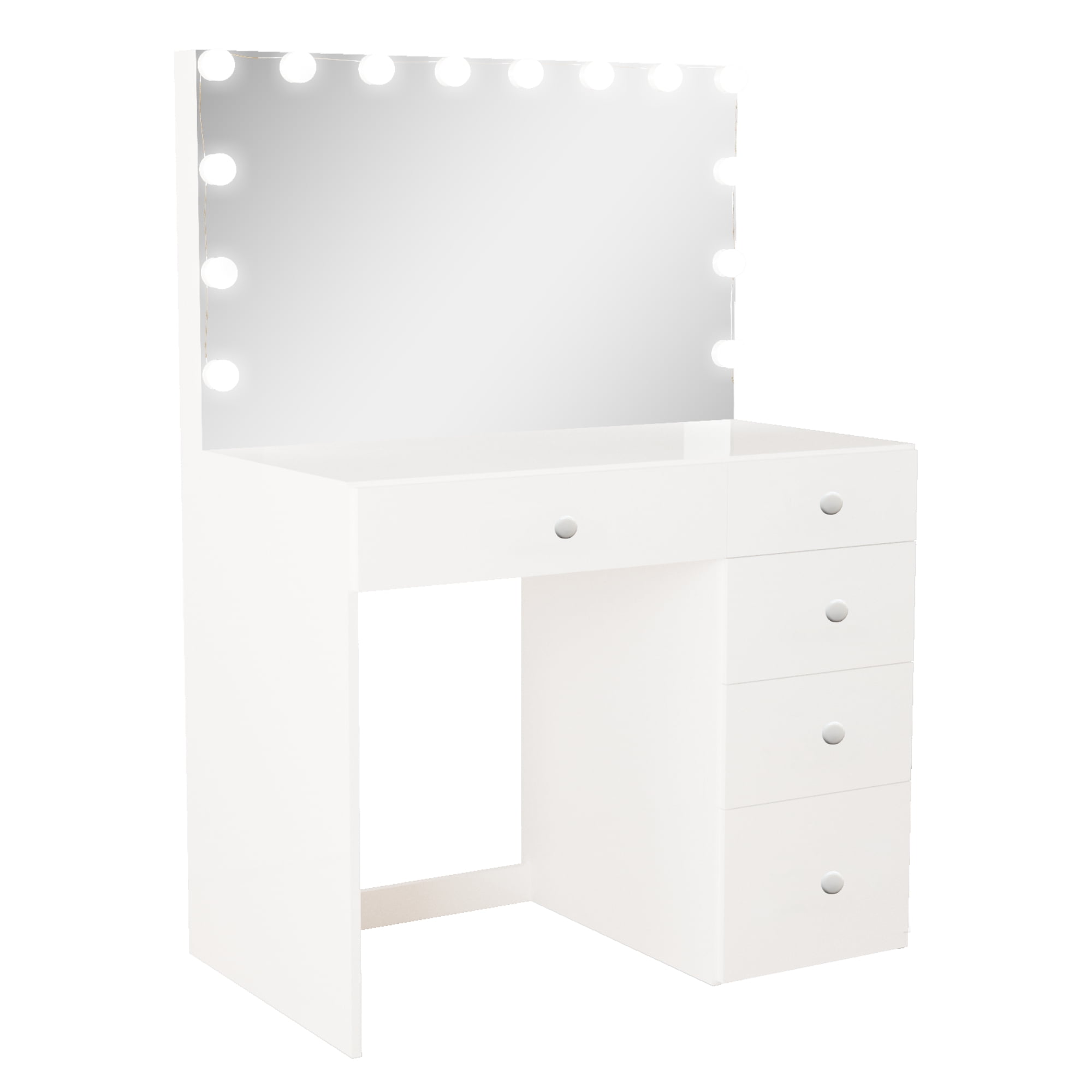 Boahaus Saranya Modern Vanity Desk with Light Bulbs, 5 Drawers, White