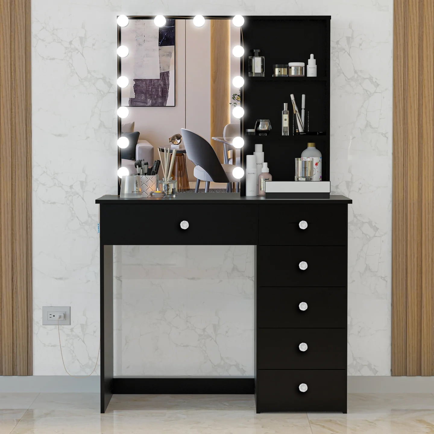 Boahaus Spes Modern Black Painted Makeup Vanity Table for Bedroom with Light Bulb Mirror