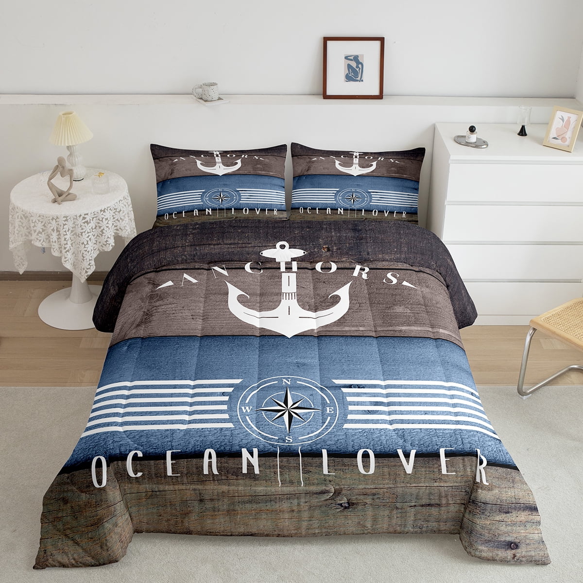 Boat Anchor Comforter Set Nautical Bedding Set for Women,Boat Compass Quilt Vintage Style Blue Brown Wooden Board Anchor Decor Twin,Retro Ocean Theme Sketch Room Decor