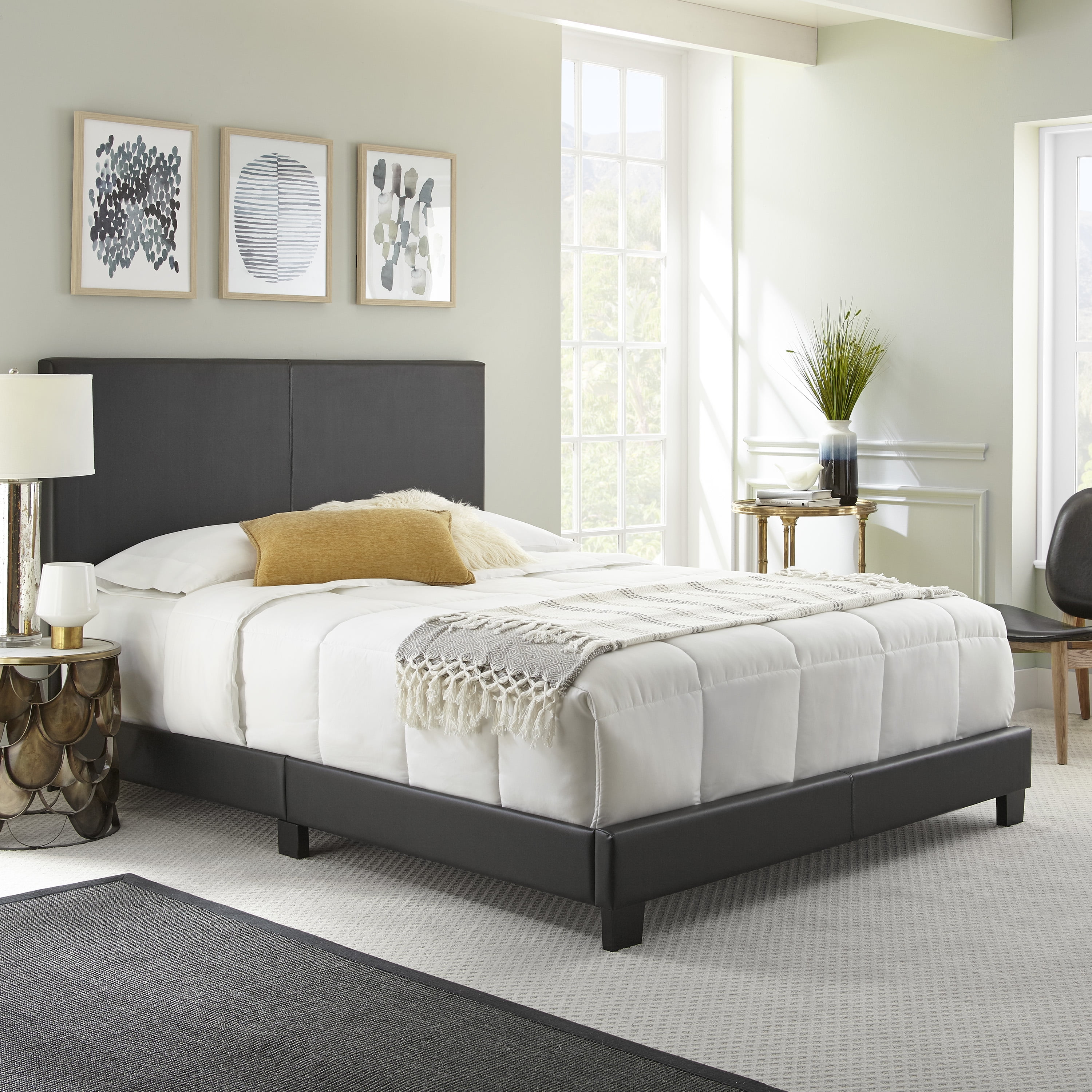 Boyd Sleep Florence Black Faux Leather Twin Size Fully Upholstered Platform Bed Frame with Adjustable Headboard, Qualified Box Spring or Foundation Required for Use