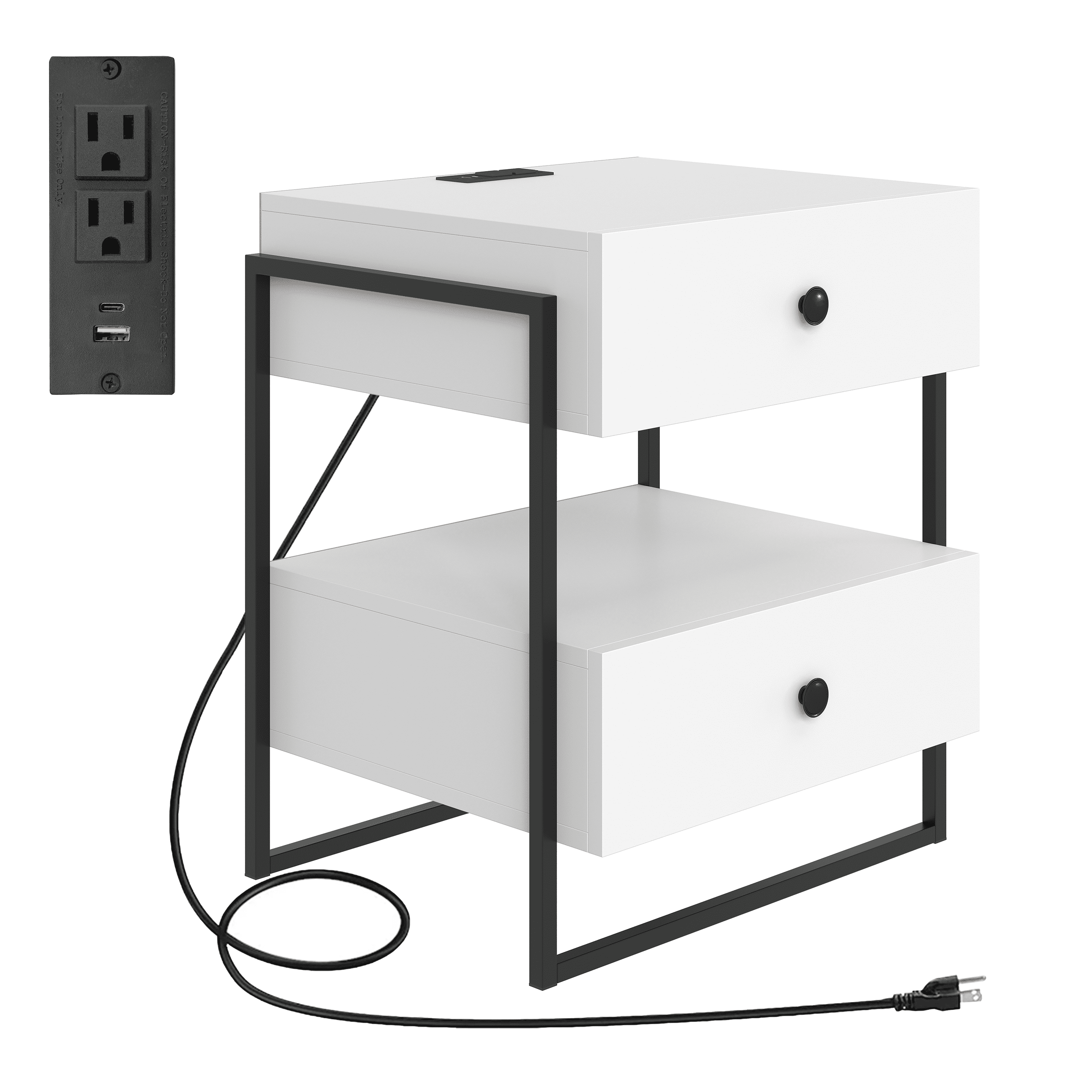 Boyd Sleep Pesaro Modern Two Drawer Nightstand with USB Charging Ports, Metal Frame, White Storage Table for Bedroom