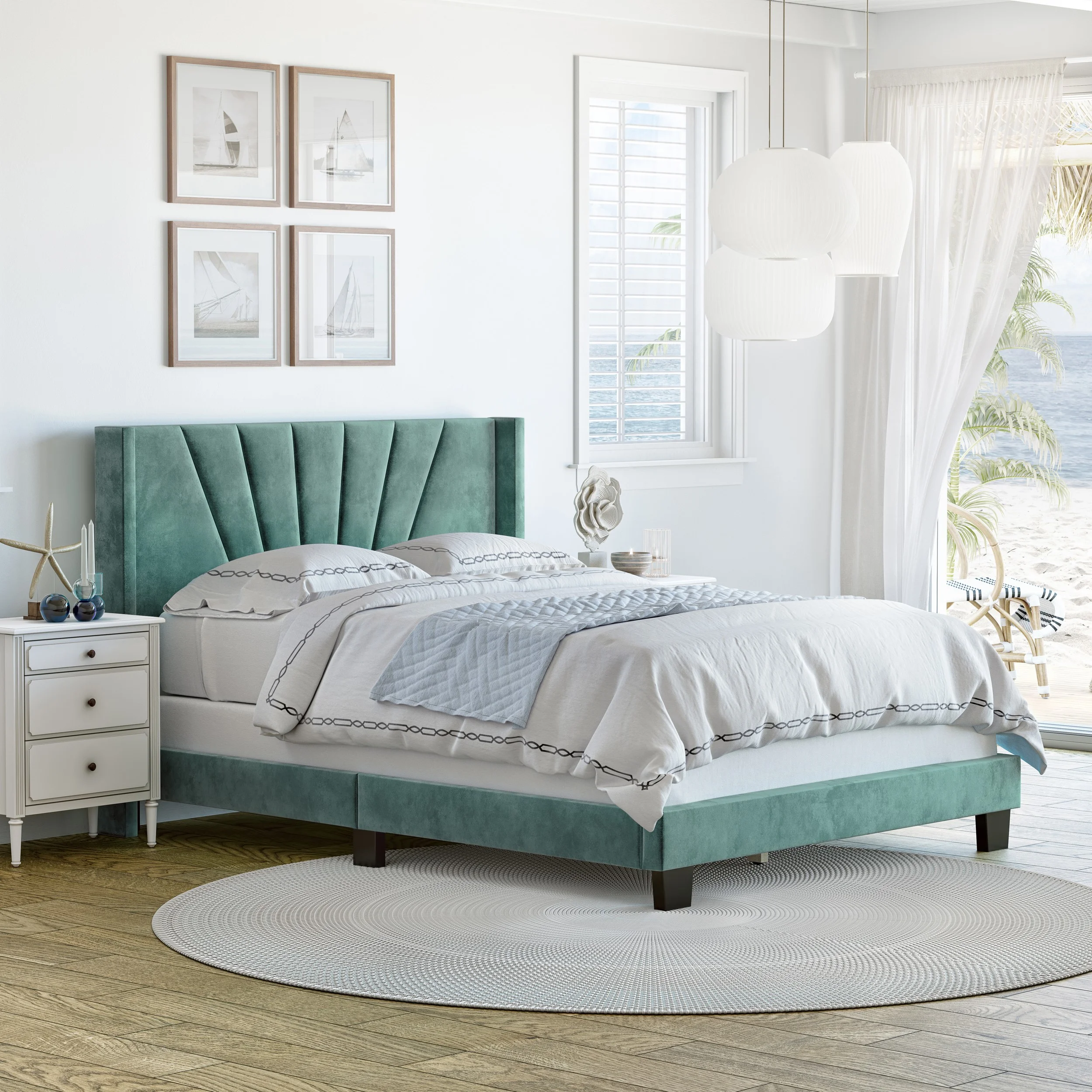 Boyd Sleep Valencia Aqua Velvet King Size Fully Upholstered Platform Bed Frame with Adjustable Headboard, Qualified Box Spring or Foundation Required for Use