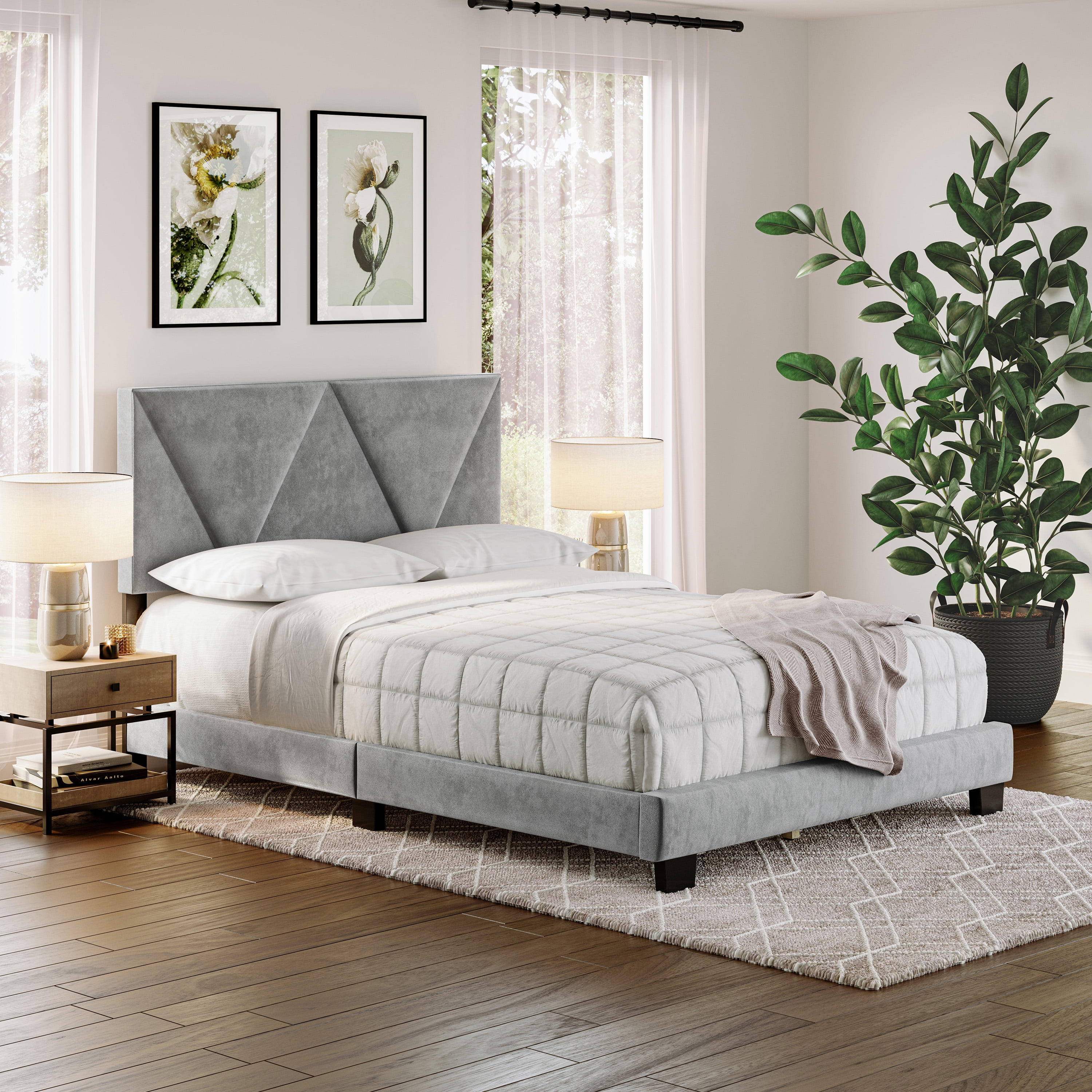 Boyd Sleep Vector Gray Velvet Queen Size Upholstered Platform Bed Frame with Adjustable Headboard
