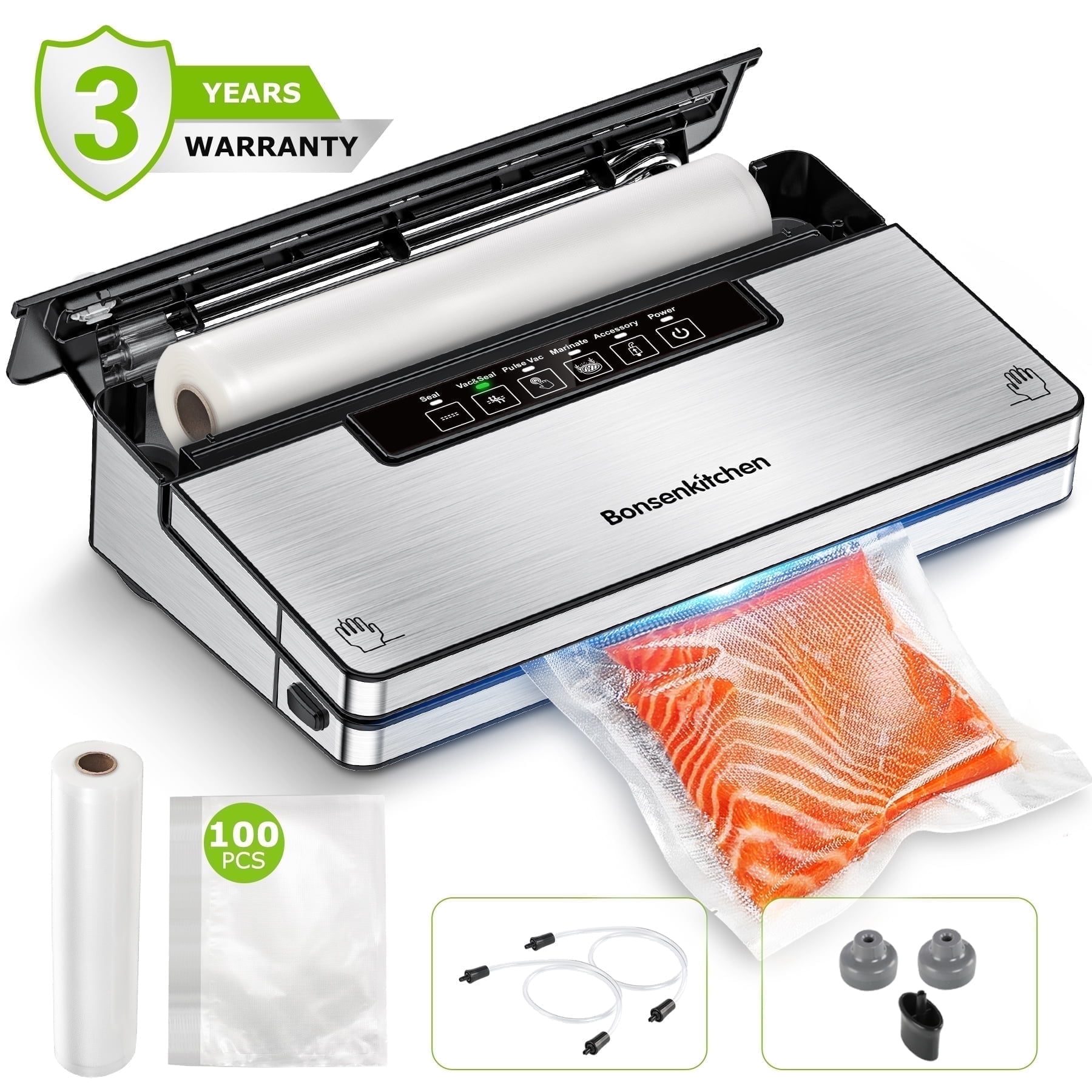 Bonsenkitchen Vacuum Sealer, Stainless Steel Food Sealer with Built-in Cutter and Bag Storage, include 1 Roll Bag & 99 Vacuum Bags