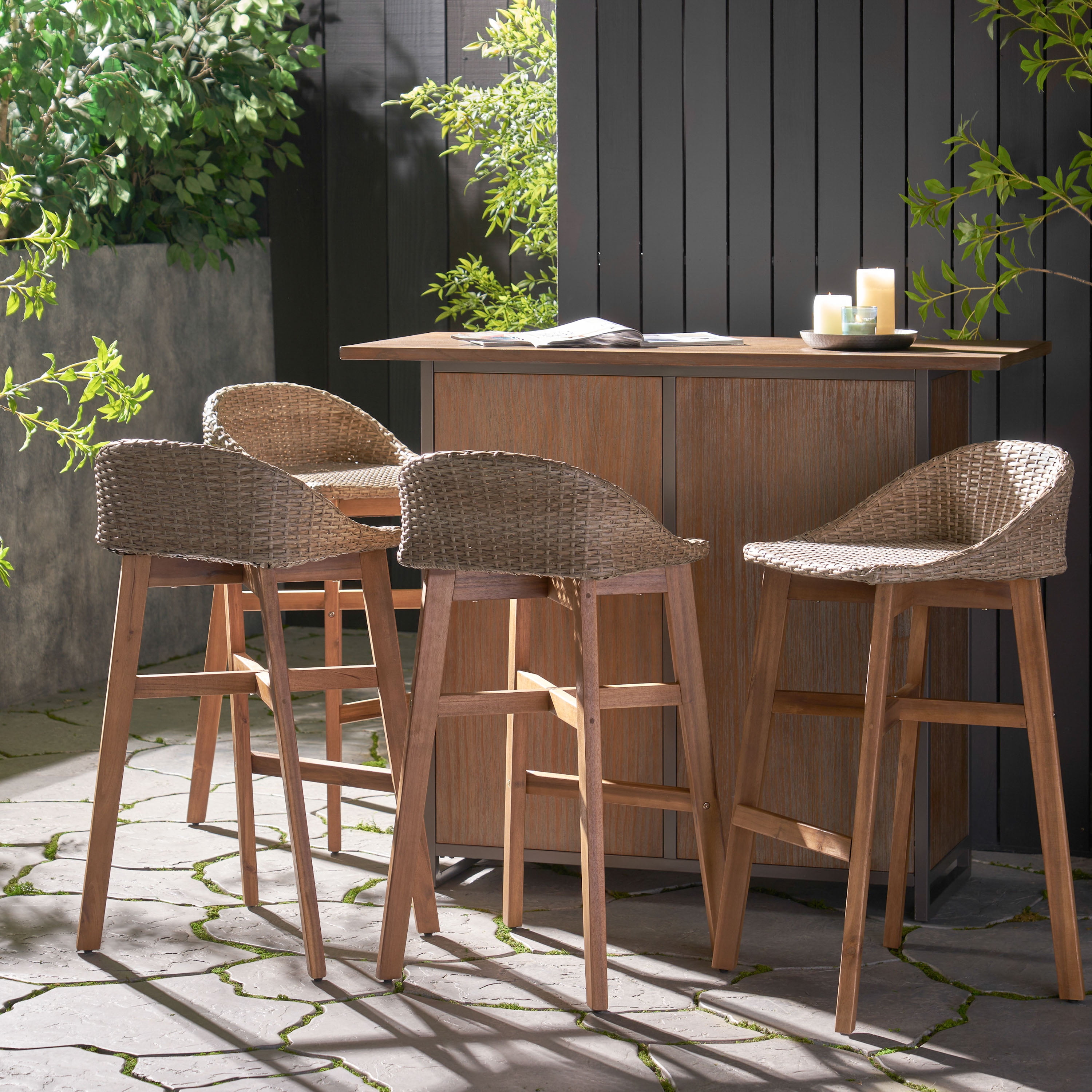 Borah Wicker and Acacia Wood Outdoor Barstools, Set of 4, Light Multibrown and Teak