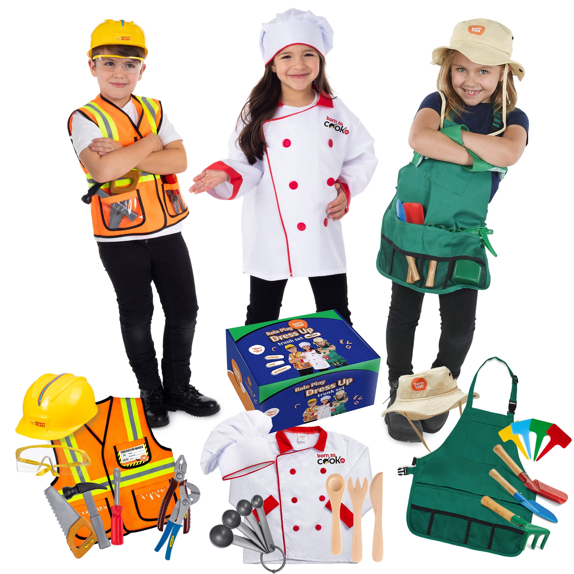 Born Toys Construction Worker, Gardening Costume, Chef or Baker Dress up Clothes for Kids 3-7
