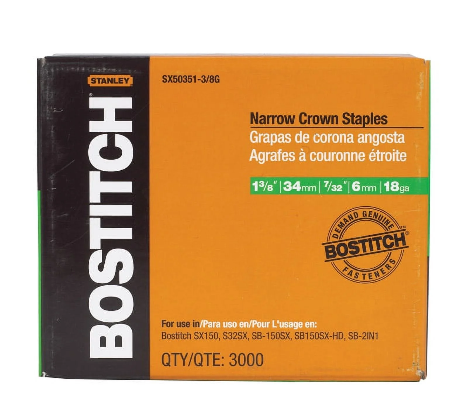 Bostitch 7/32 in. W x 1-3/8 in. L 18 Ga. Narrow Crown Caps and Staples 3000 pk