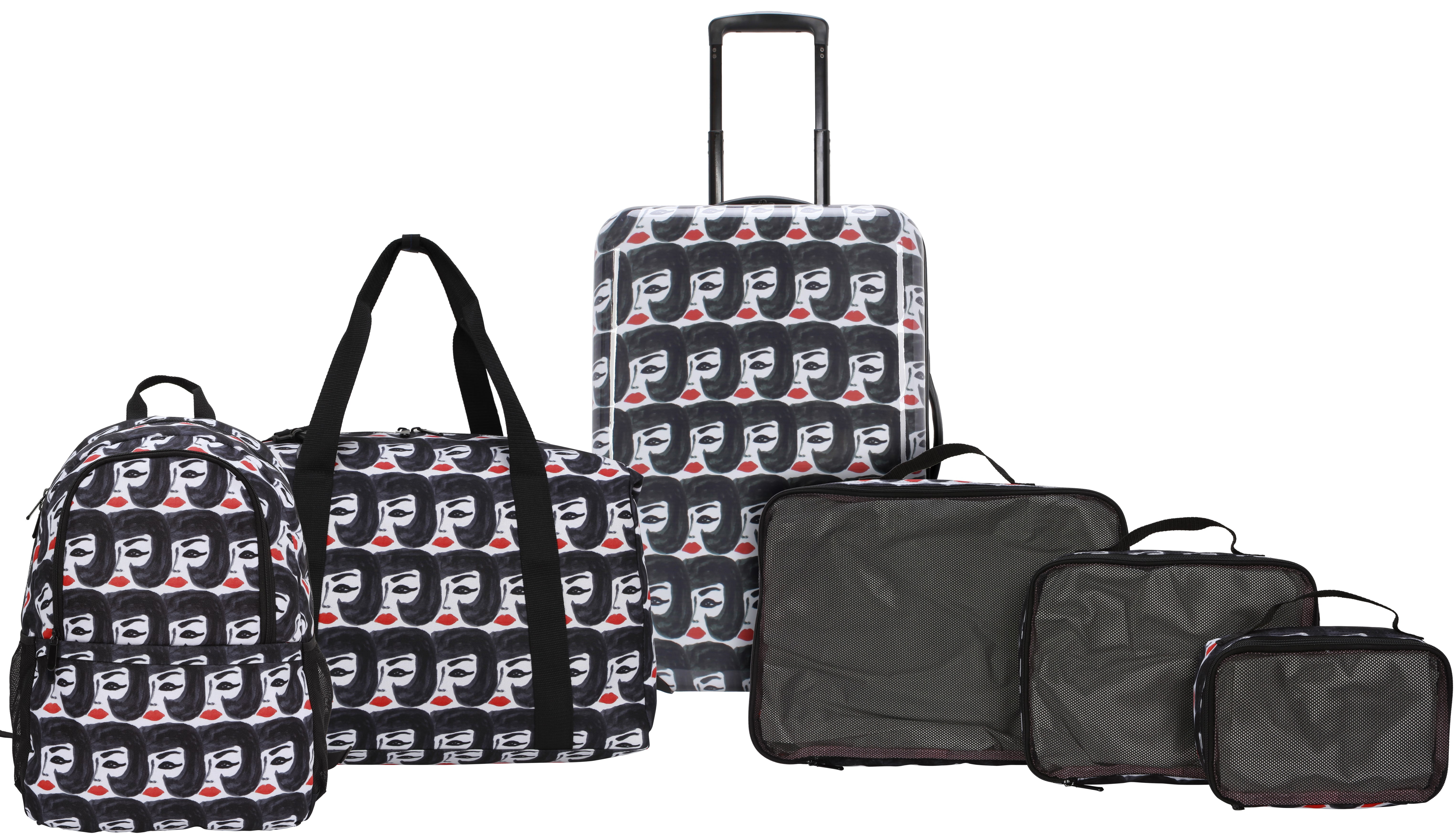 Bouffant & Broken Hearts Lady with Red Lips 6 Piece Set, 21" Hardside Luggage, Duffel, Backpack, and 3 Piece Packing Cubes, All Ages