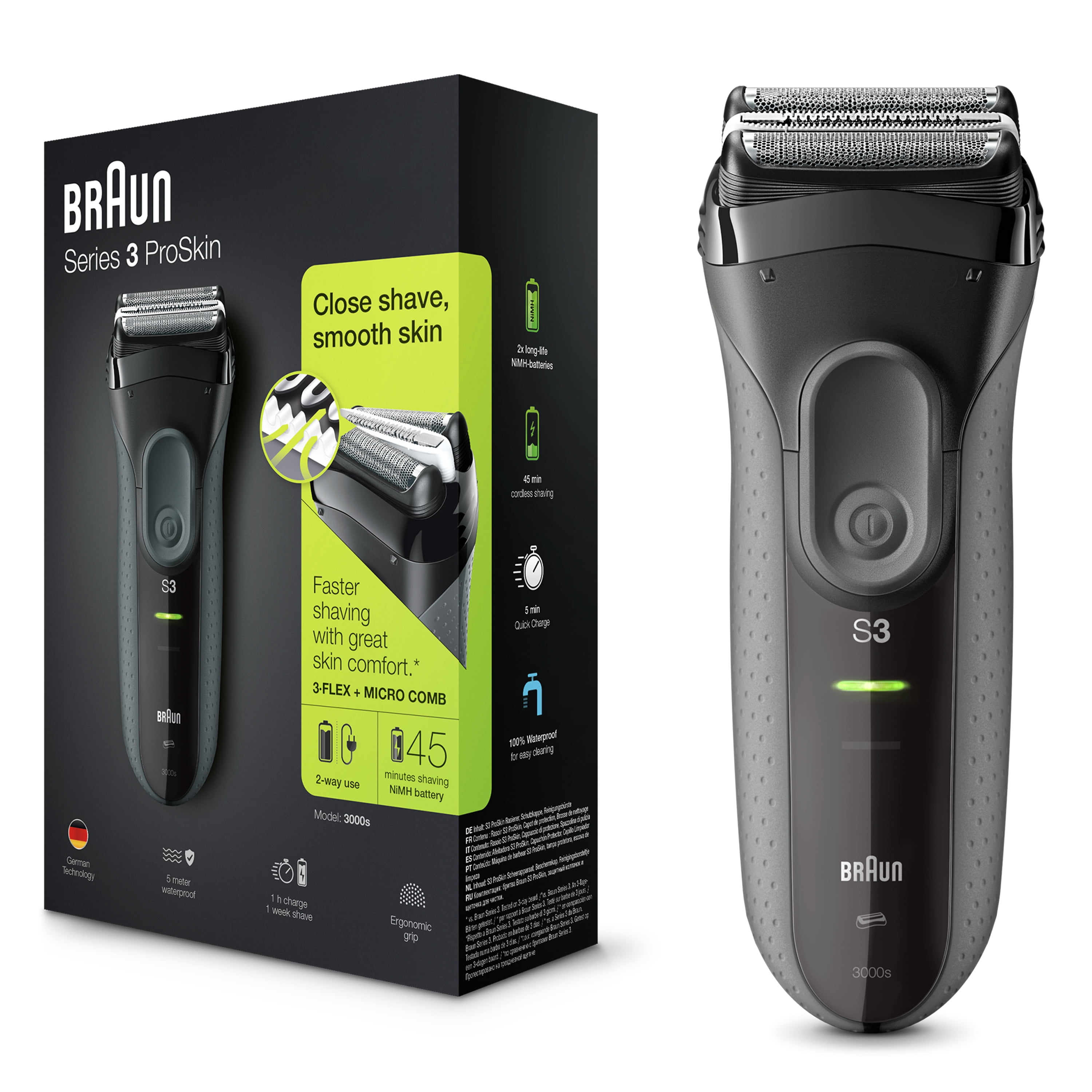Braun Series 3 ProSkin 3000s Rechargeable Electric Foil Shaver for Men, Black
