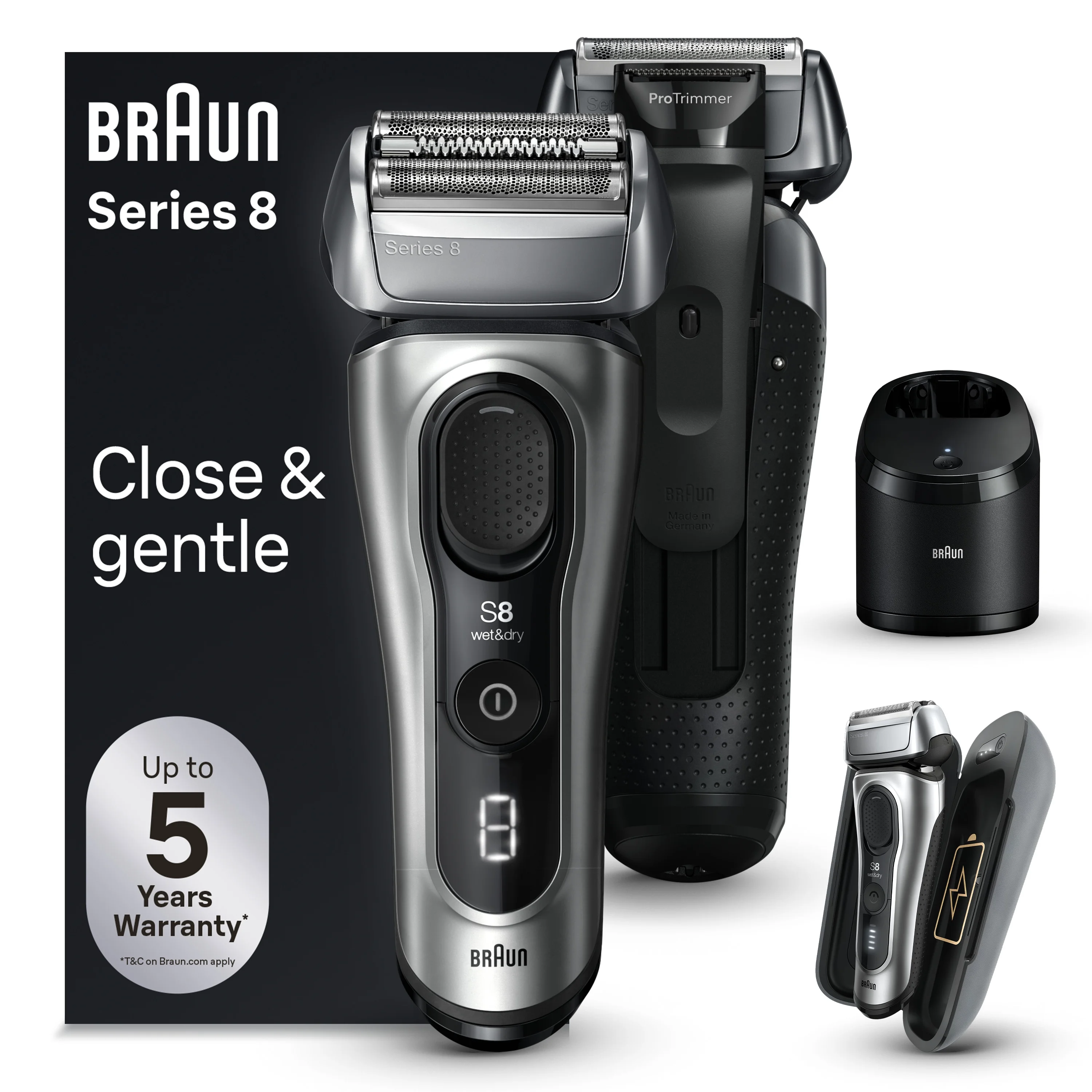 Braun Series 8 Electric Shaver for Men, 5in1 SmartCare Center, Powercase, 8577cc Galvano Silver