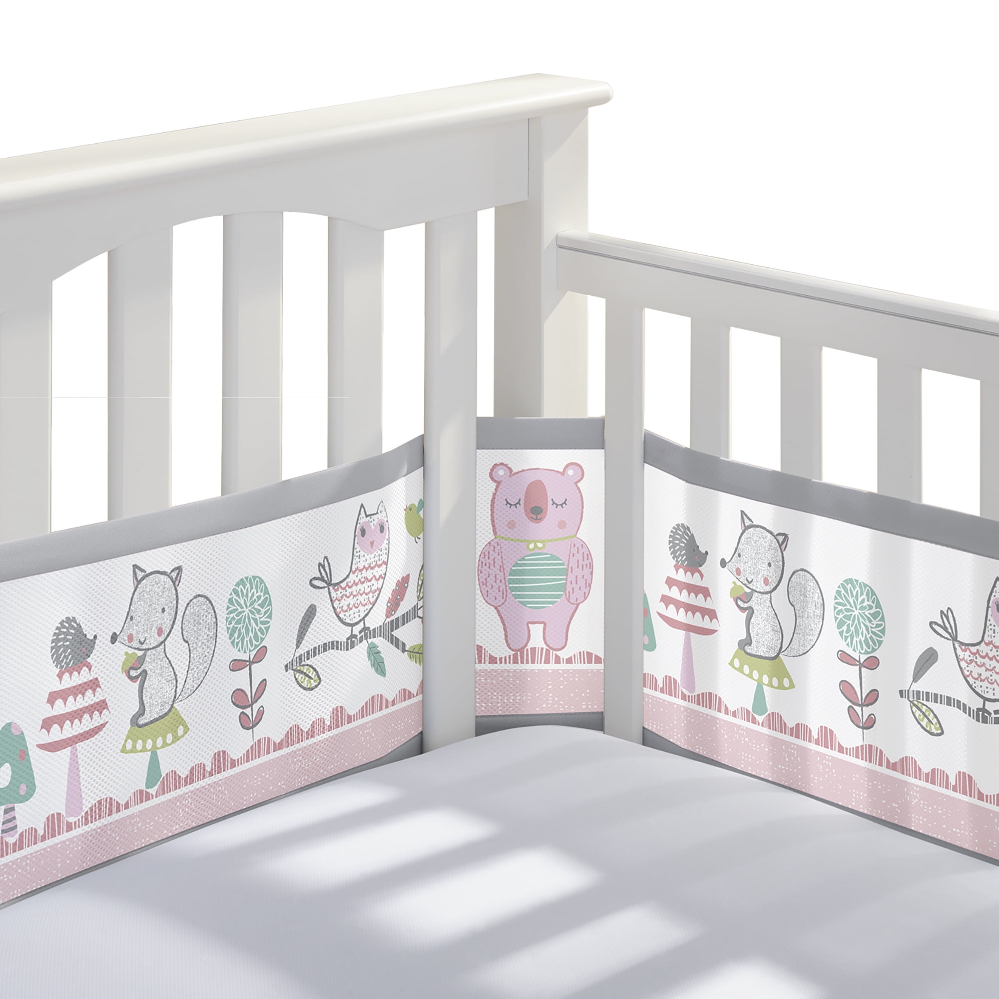 BreathableBaby Breathable Mesh Liner for Full-Size Cribs, Classic 3mm Mesh, Forest Fun Pink (Size 4FS Covers 3 or 4 Sides)