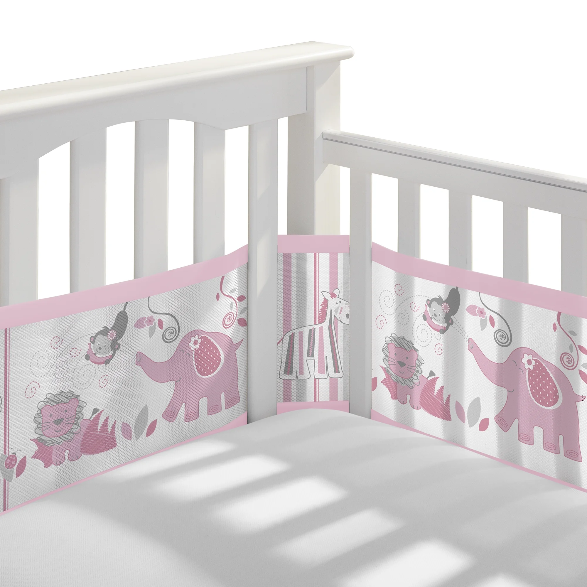 BreathableBaby Breathable Mesh Liner for Full-Size Cribs, Classic 3mm Mesh, Safari Fun Pink (Size 4FS Covers 3 or 4 Sides)
