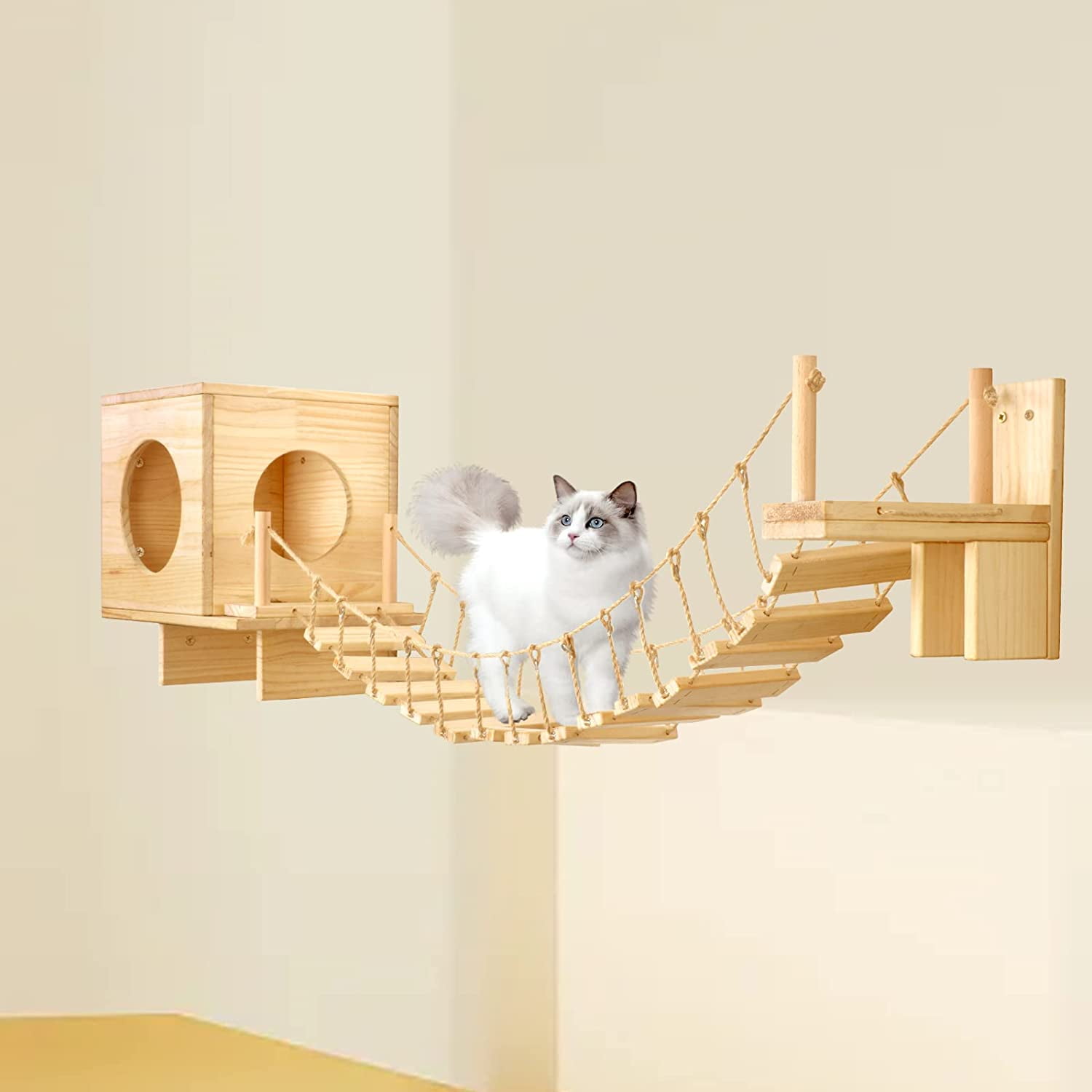 BreeRainz Cat Wall Shelves and Bridge for Indoors Cats, Cat Wall Furniture with Solid Wood Climbing Shelves and House to Play and Rest