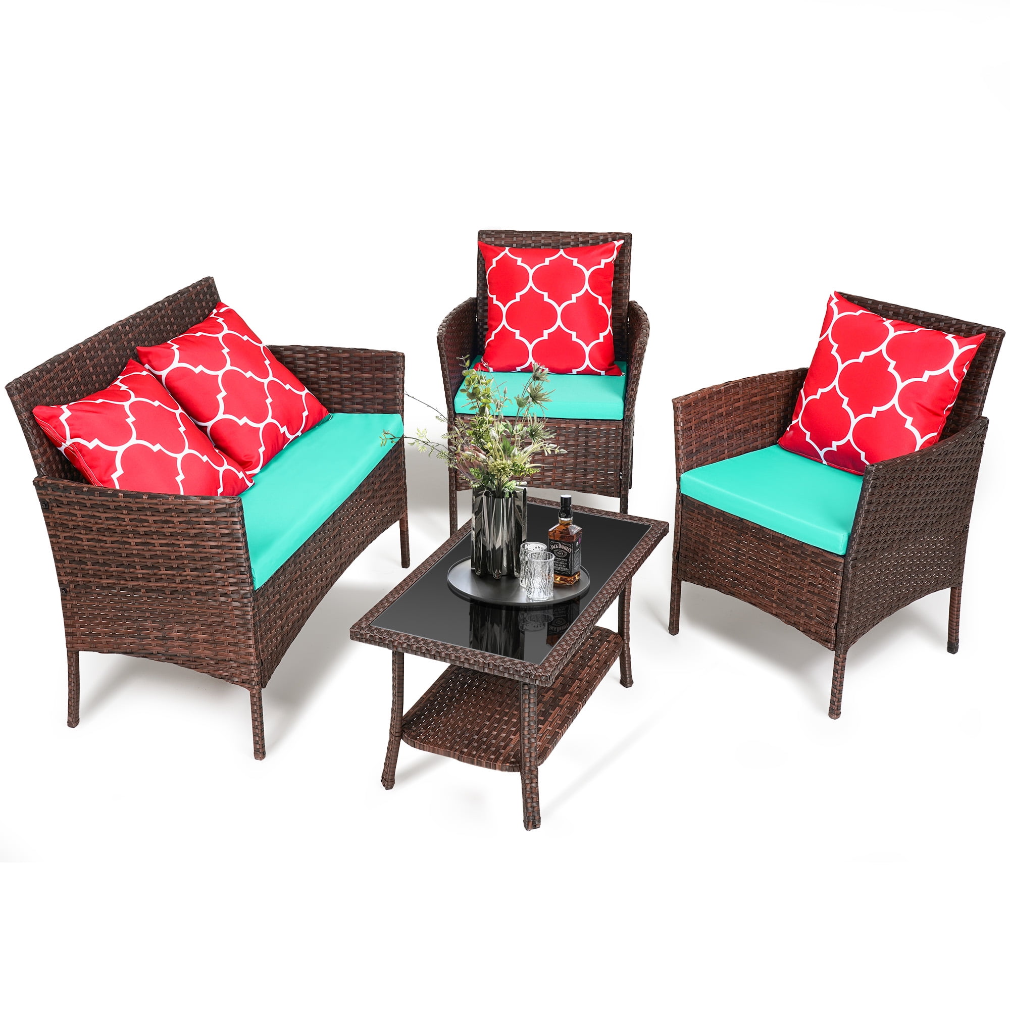 Brefac 4 PCS Patio Furniture Set with Throw Pillows Upholstered Sofa Table for Patio Backyard,Turquoise