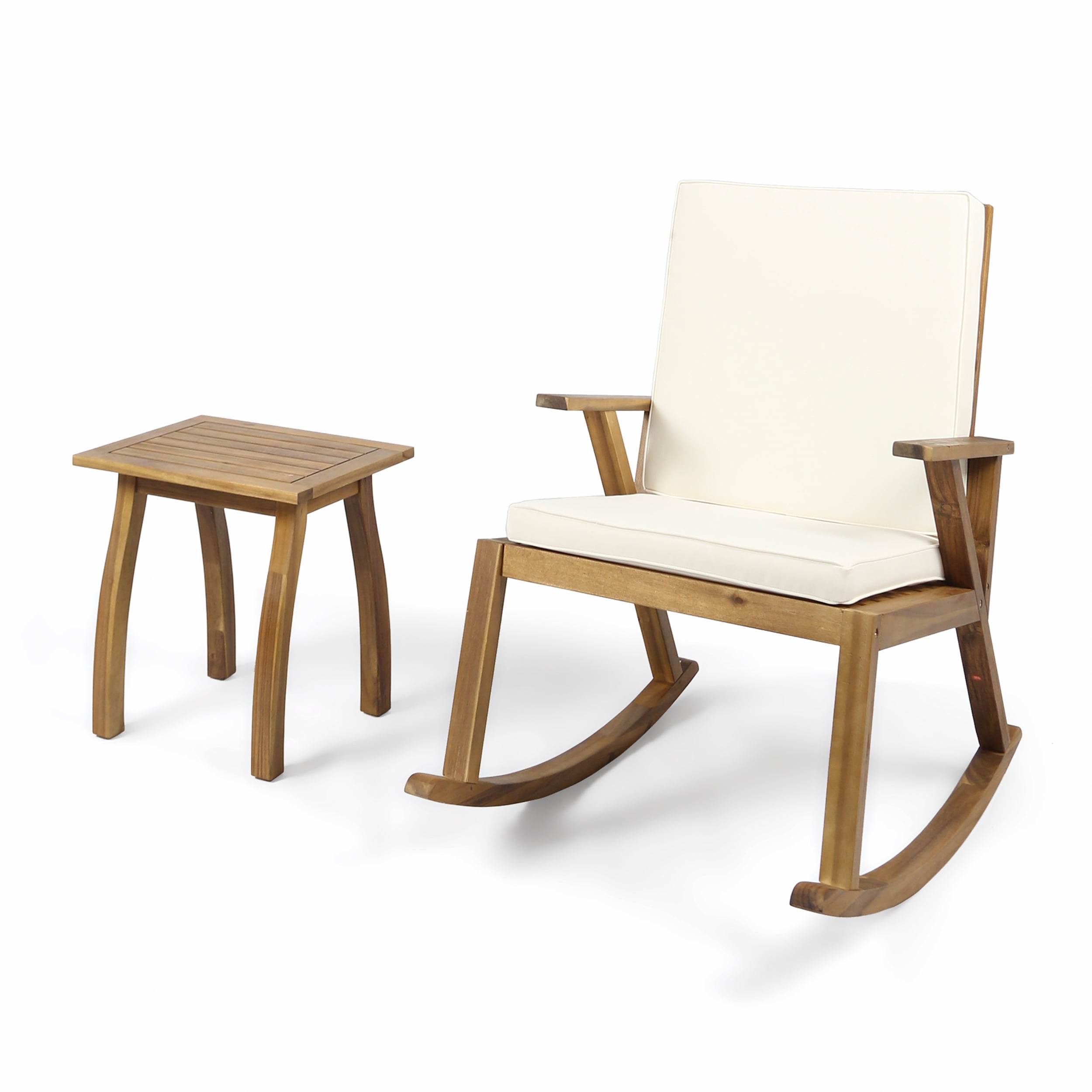 Brixton Outdoor Acacia Wood Rocking Chair and Side Table, Teak and Cream